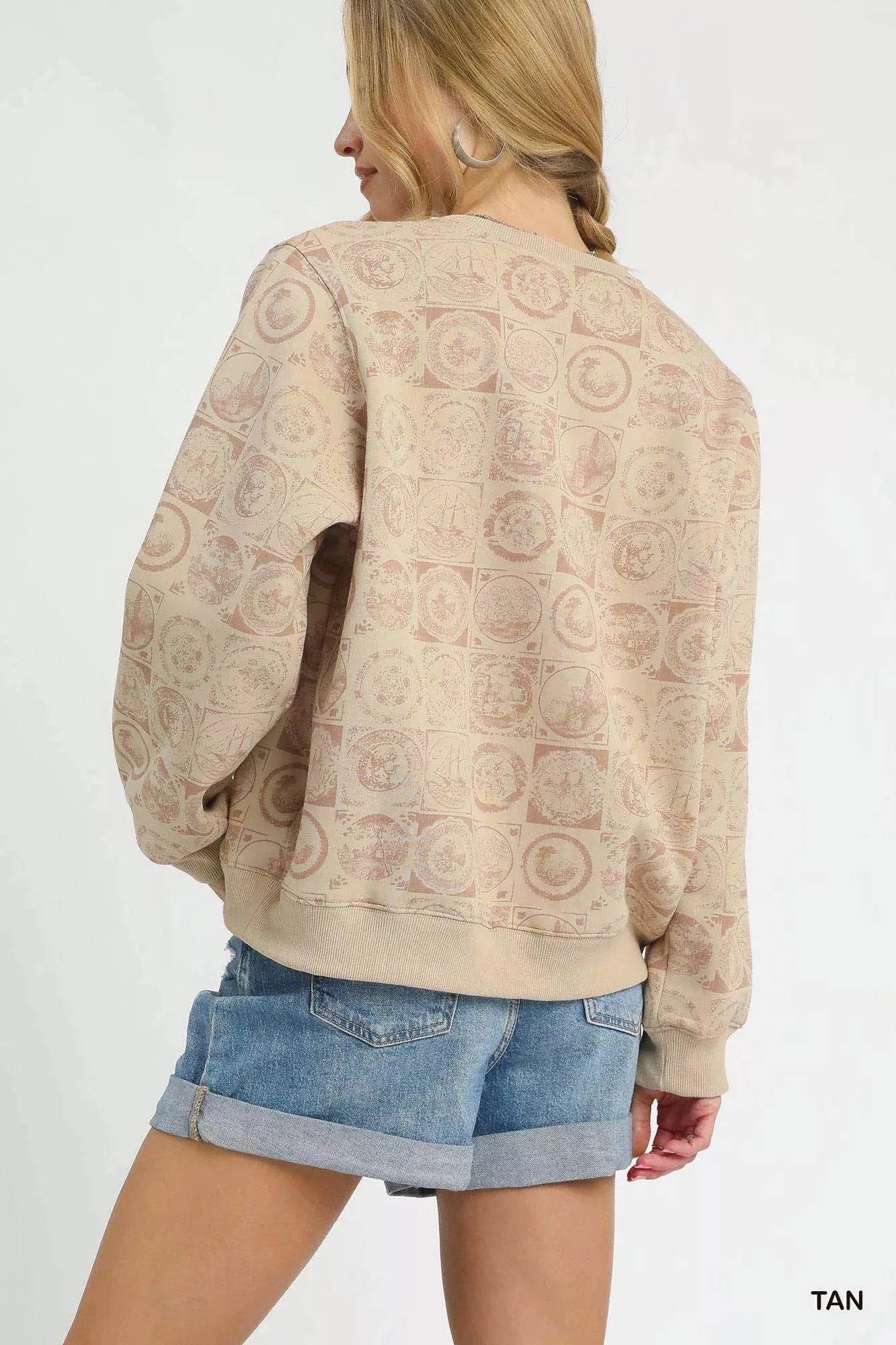 Umgee Coin Stamp Print Long Sleeve Sweatshirt Outerwear jehouze 
