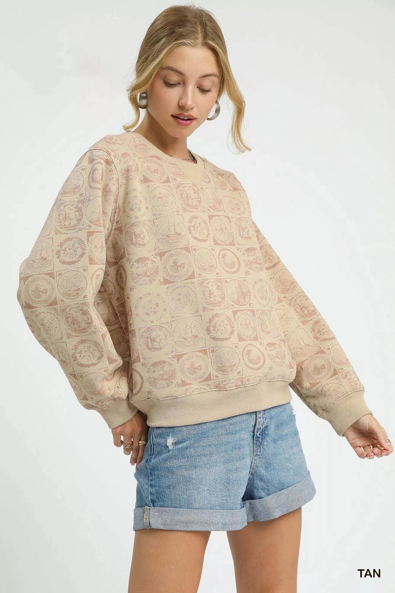 Umgee Coin Stamp Print Long Sleeve Sweatshirt Outerwear jehouze 