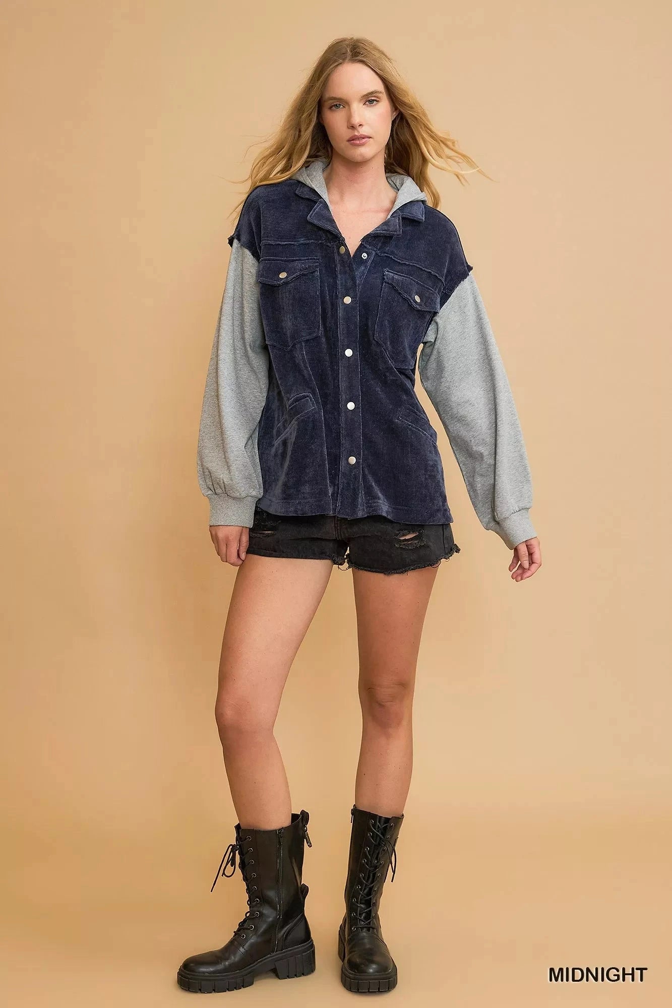 Umgee Contrast Hooded Chenille Jacket Coats & Jackets jehouze MIDNIGHT S 