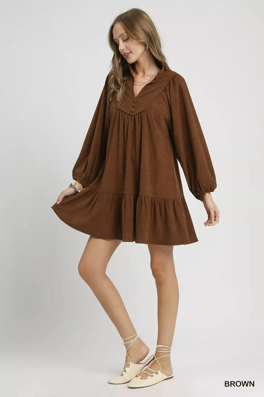 Umgee Corduroy Tiered Babydoll Dress Dresses jehouze Brown S 