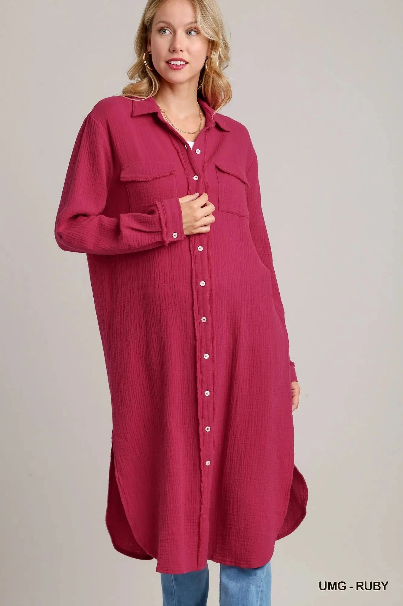 Umgee Cotton Gauze Button Down Shirt Dress Dresses jehouze 
