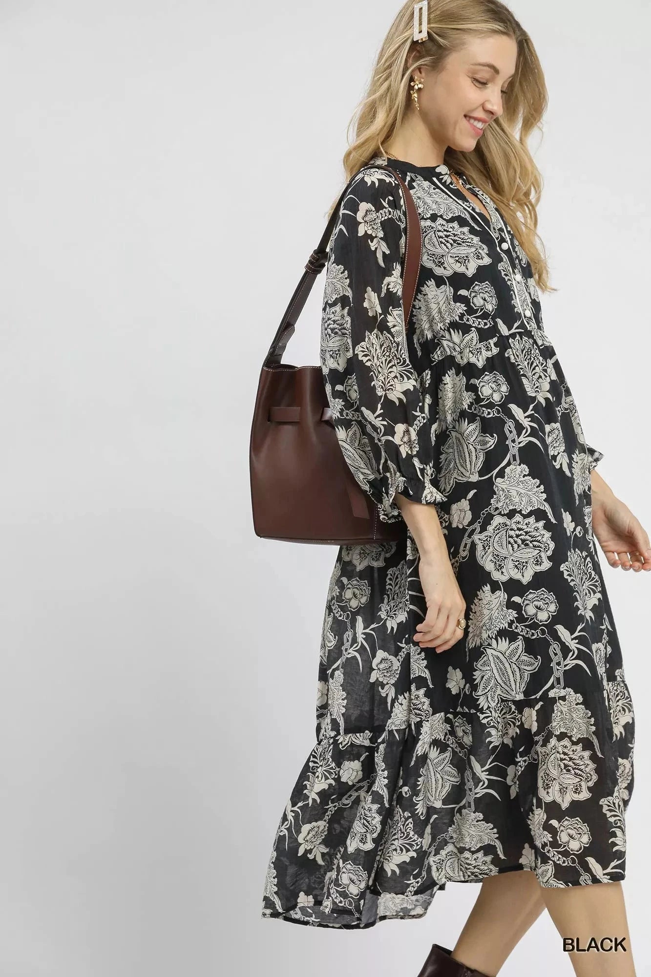 Umgee Floral Print Boho Midi Dress jehouze 