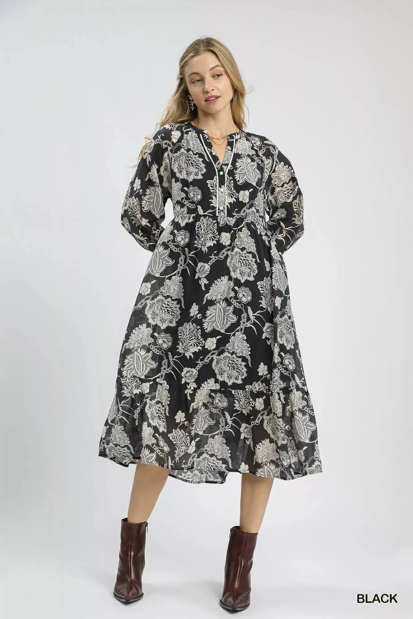 Umgee Floral Print Boho Midi Dress jehouze Black S 