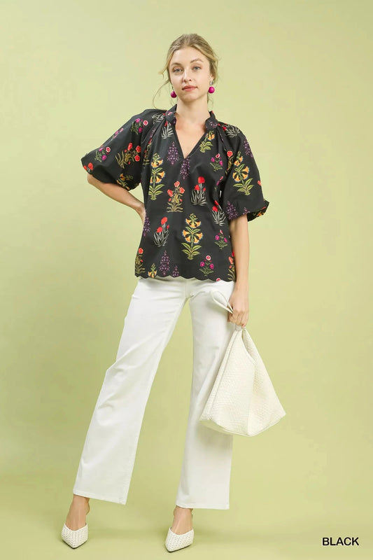 Umgee Floral Print Puff Sleeve Scallop Hem Blouse jehouze 