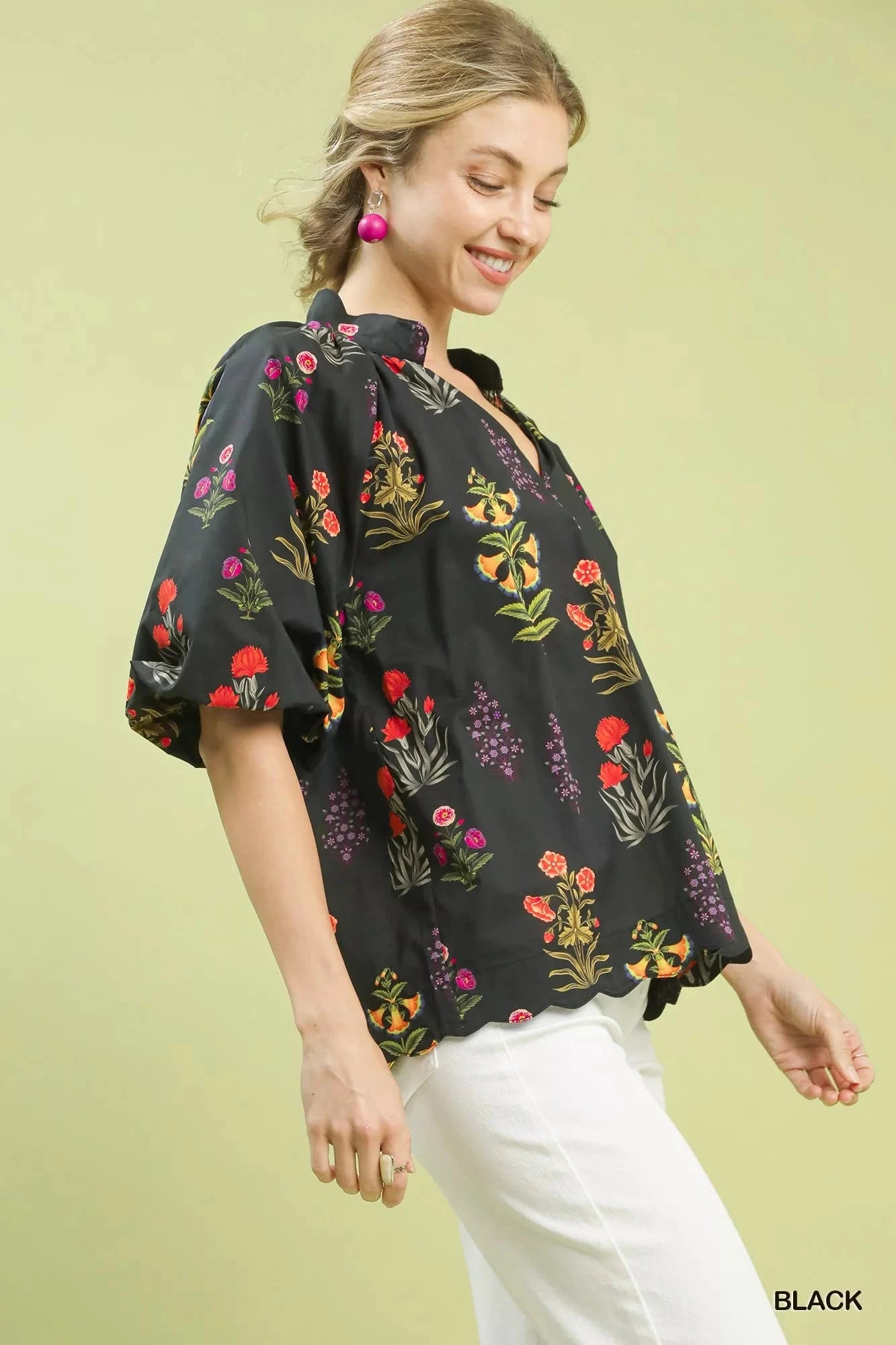 Umgee Floral Print Puff Sleeve Scallop Hem Blouse jehouze 