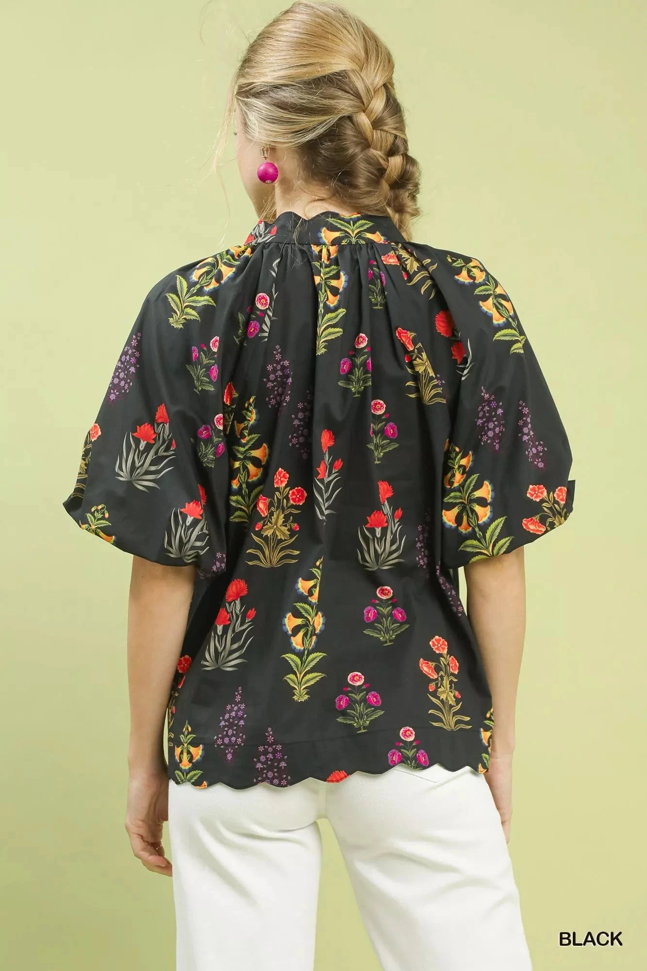 Umgee Floral Print Puff Sleeve Scallop Hem Blouse jehouze 