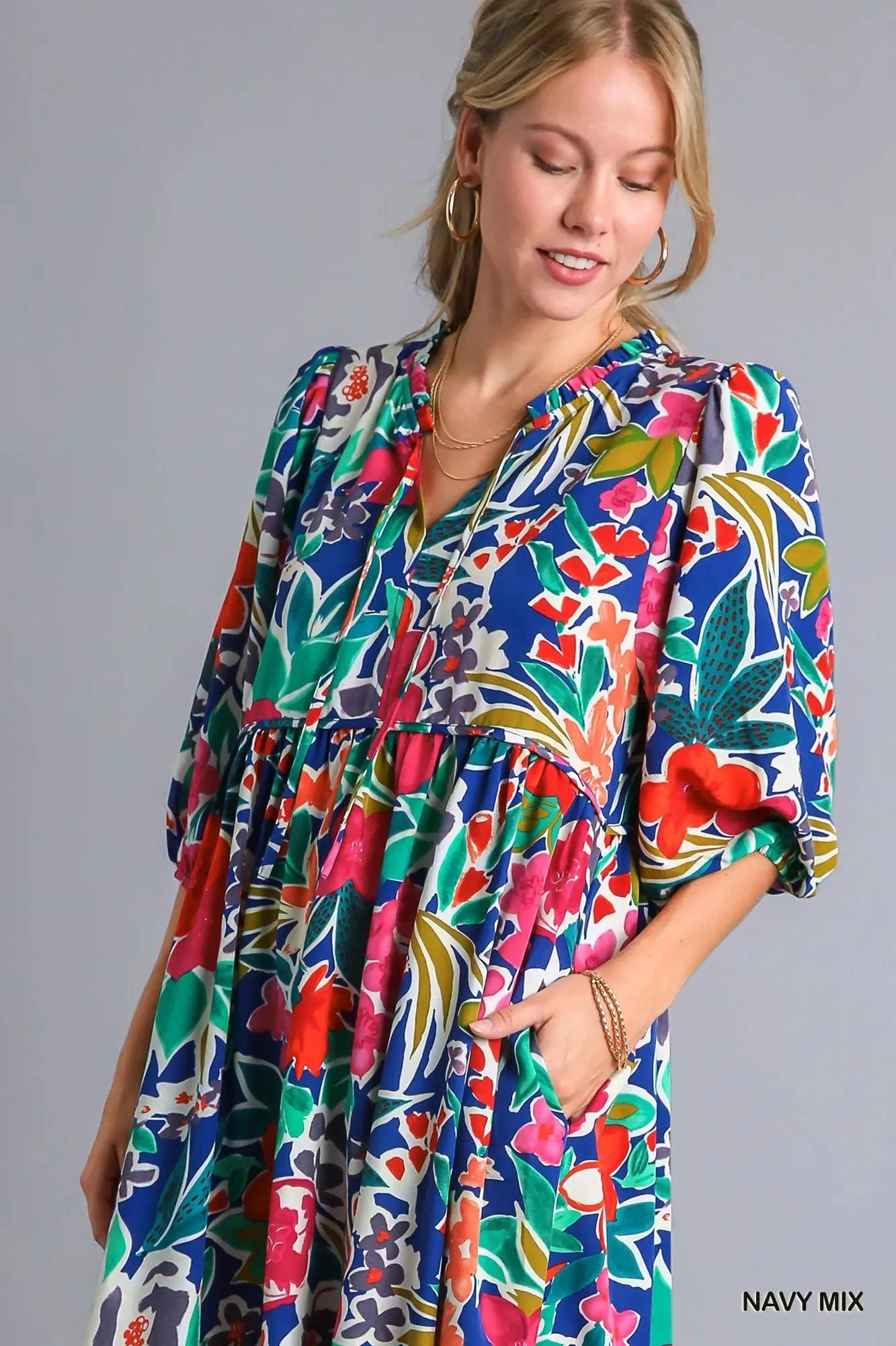 Umgee Floral Print Tie Neck Midi Dress with Pockets Dresses jehouze 