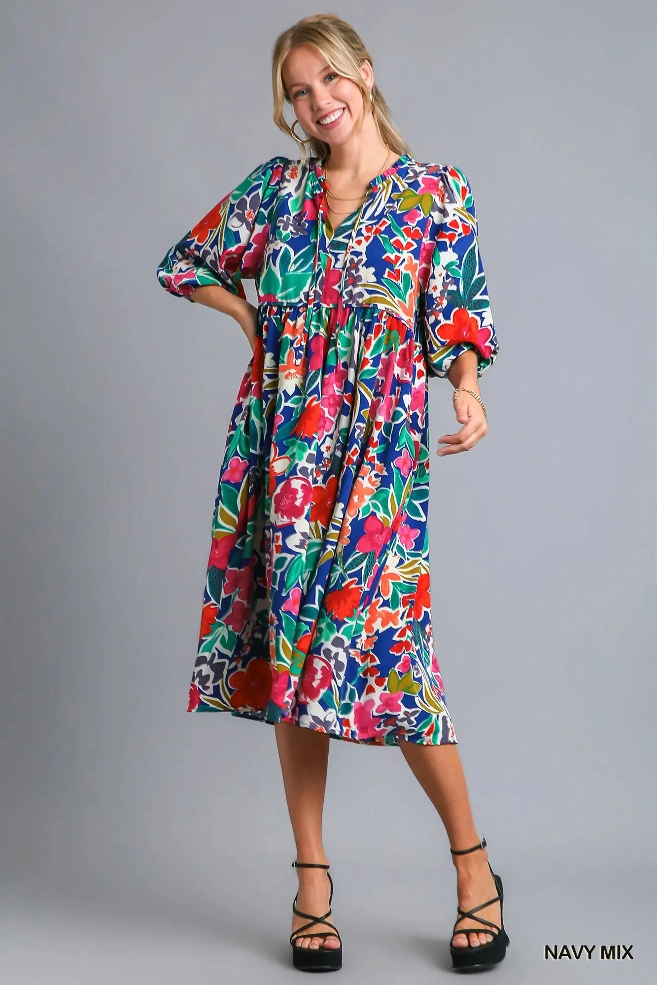Umgee Floral Print Tie Neck Midi Dress with Pockets Dresses jehouze NAVY MIX S 