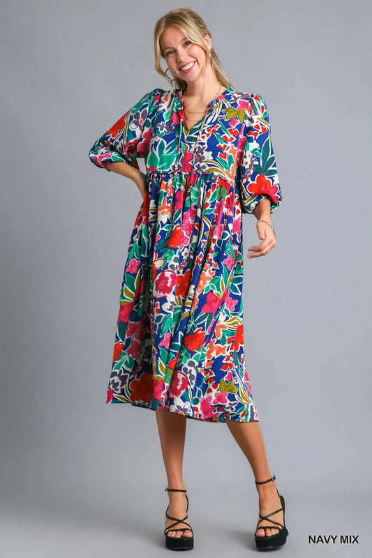 Umgee Floral Print Tie Neck Midi Dress with Pockets Dresses jehouze NAVY MIX S 