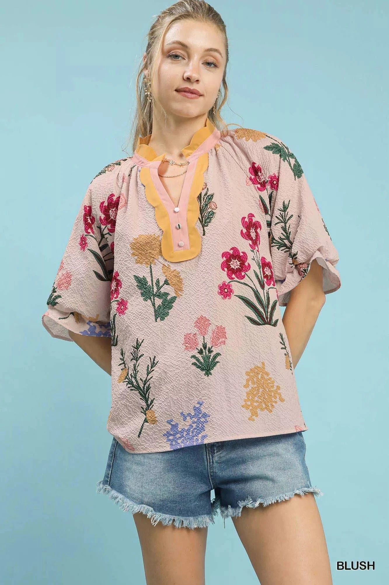 Umgee Floral Puff Sleeve Blouse with Scallop Trim Collar Shirts & Tops jehouze 