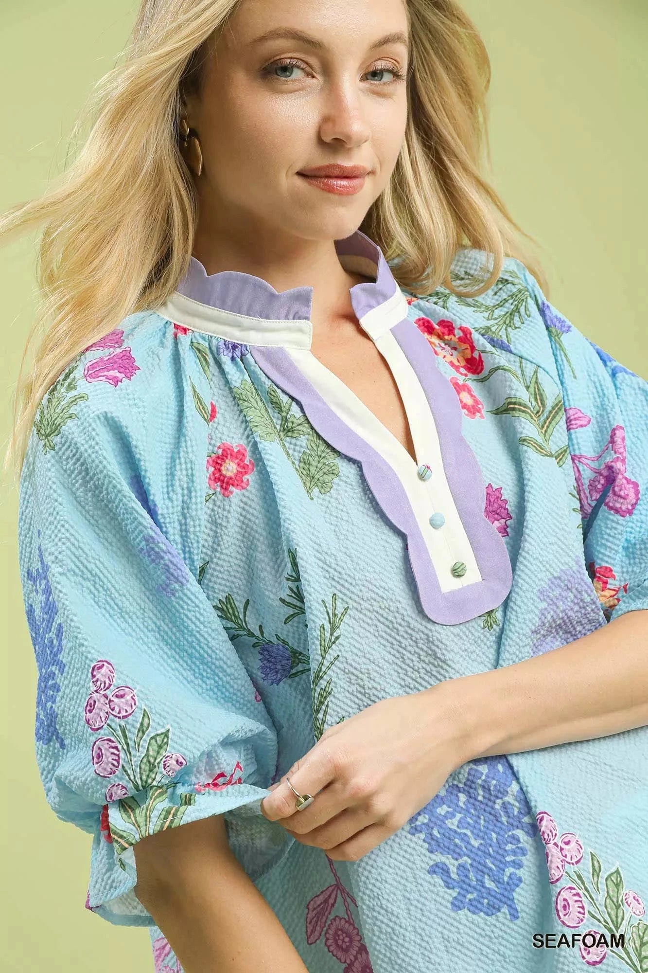 Umgee Floral Puff Sleeve Blouse with Scallop Trim Collar Shirts & Tops jehouze 