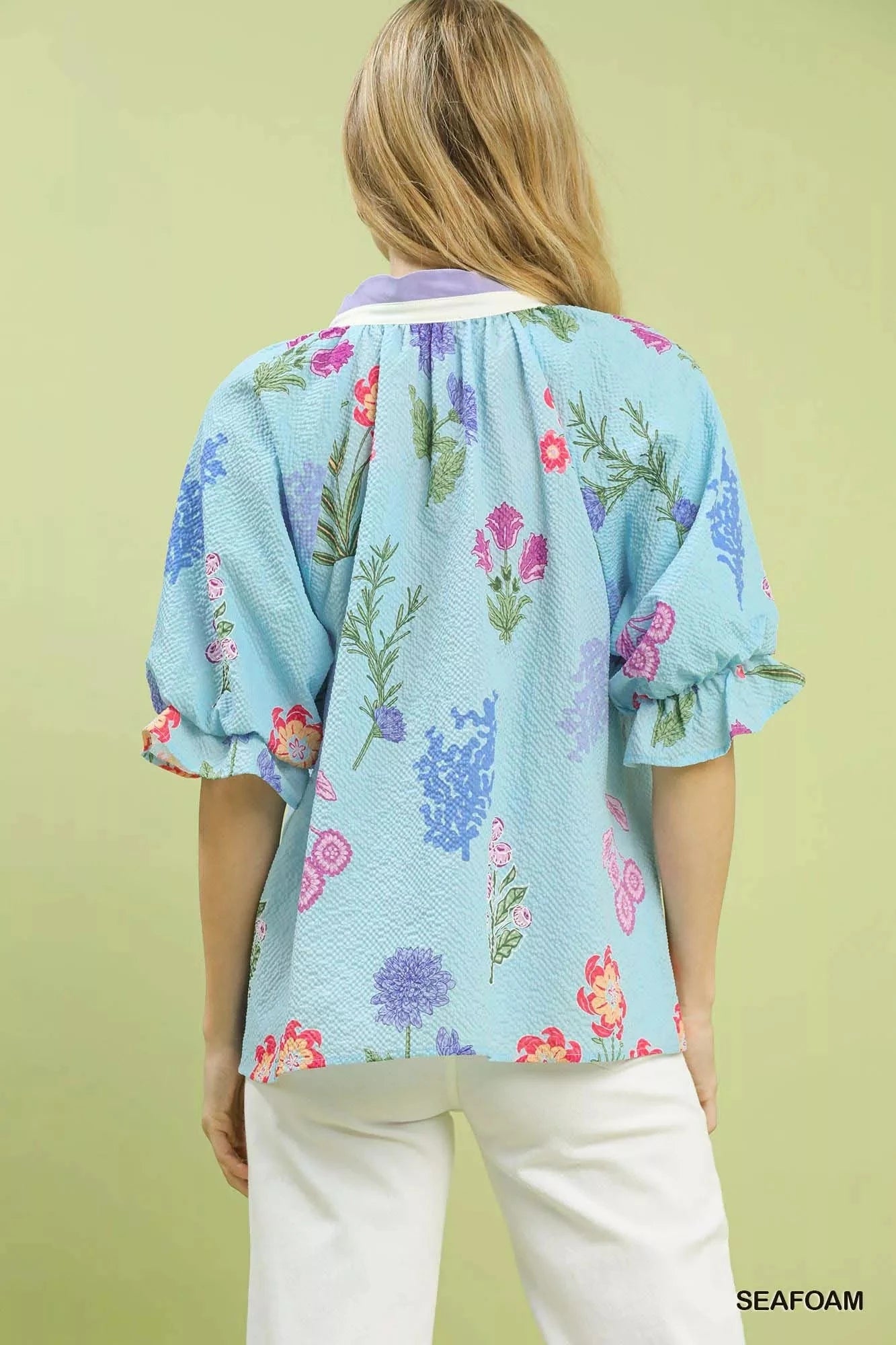 Umgee Floral Puff Sleeve Blouse with Scallop Trim Collar Shirts & Tops jehouze 