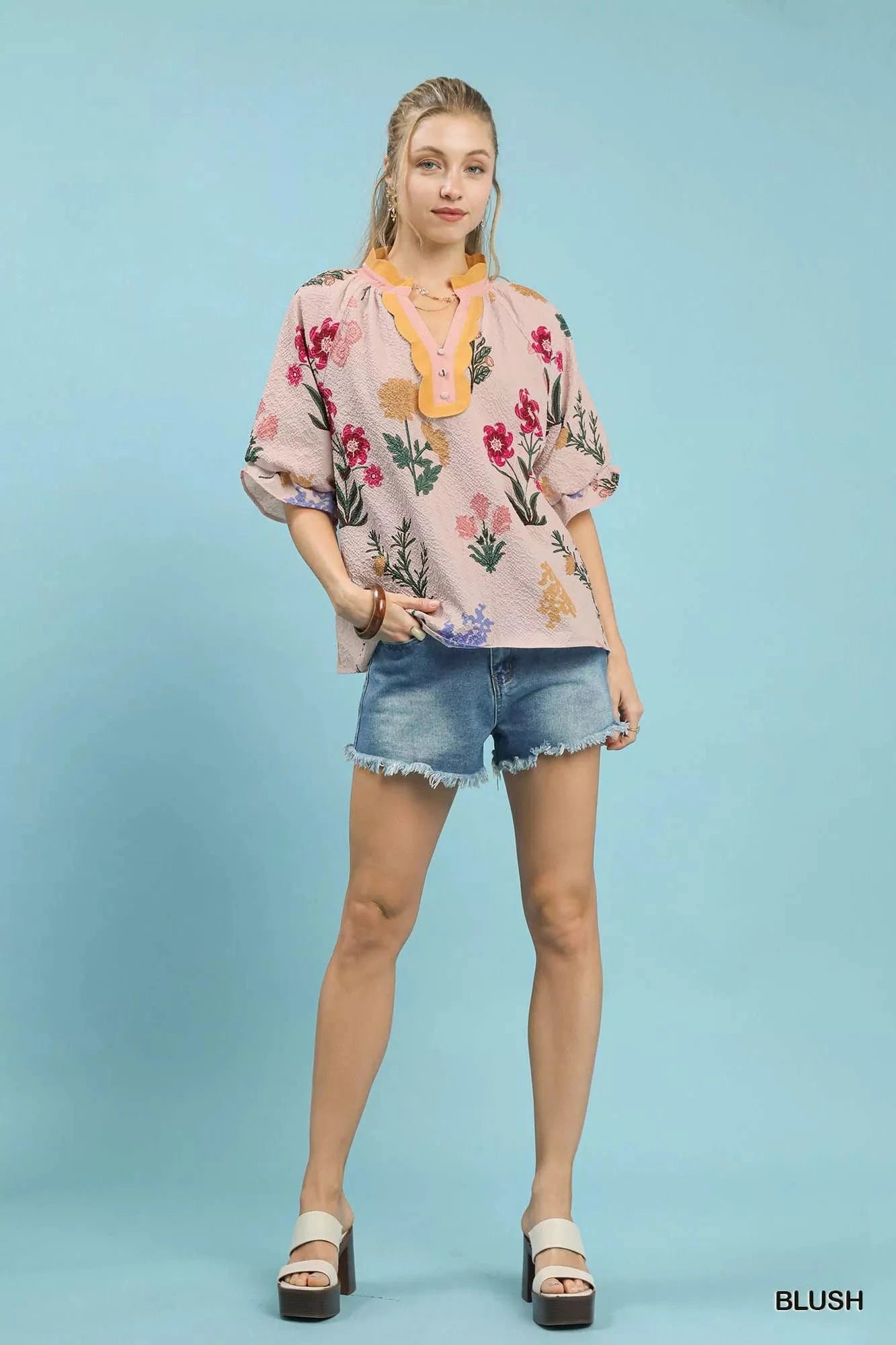 Umgee Floral Puff Sleeve Blouse with Scallop Trim Collar Shirts & Tops jehouze BLUSH S 