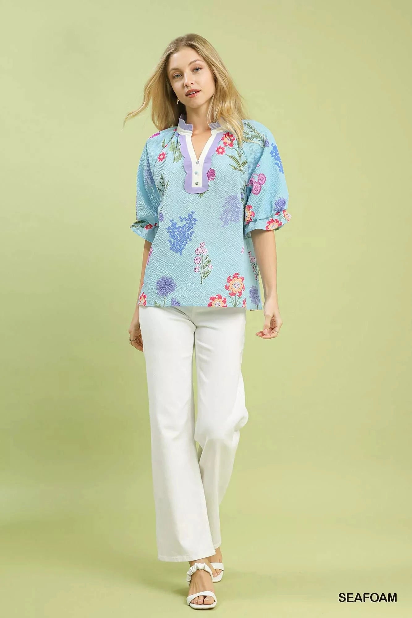 Umgee Floral Puff Sleeve Blouse with Scallop Trim Collar Shirts & Tops jehouze SEAFOAM S 