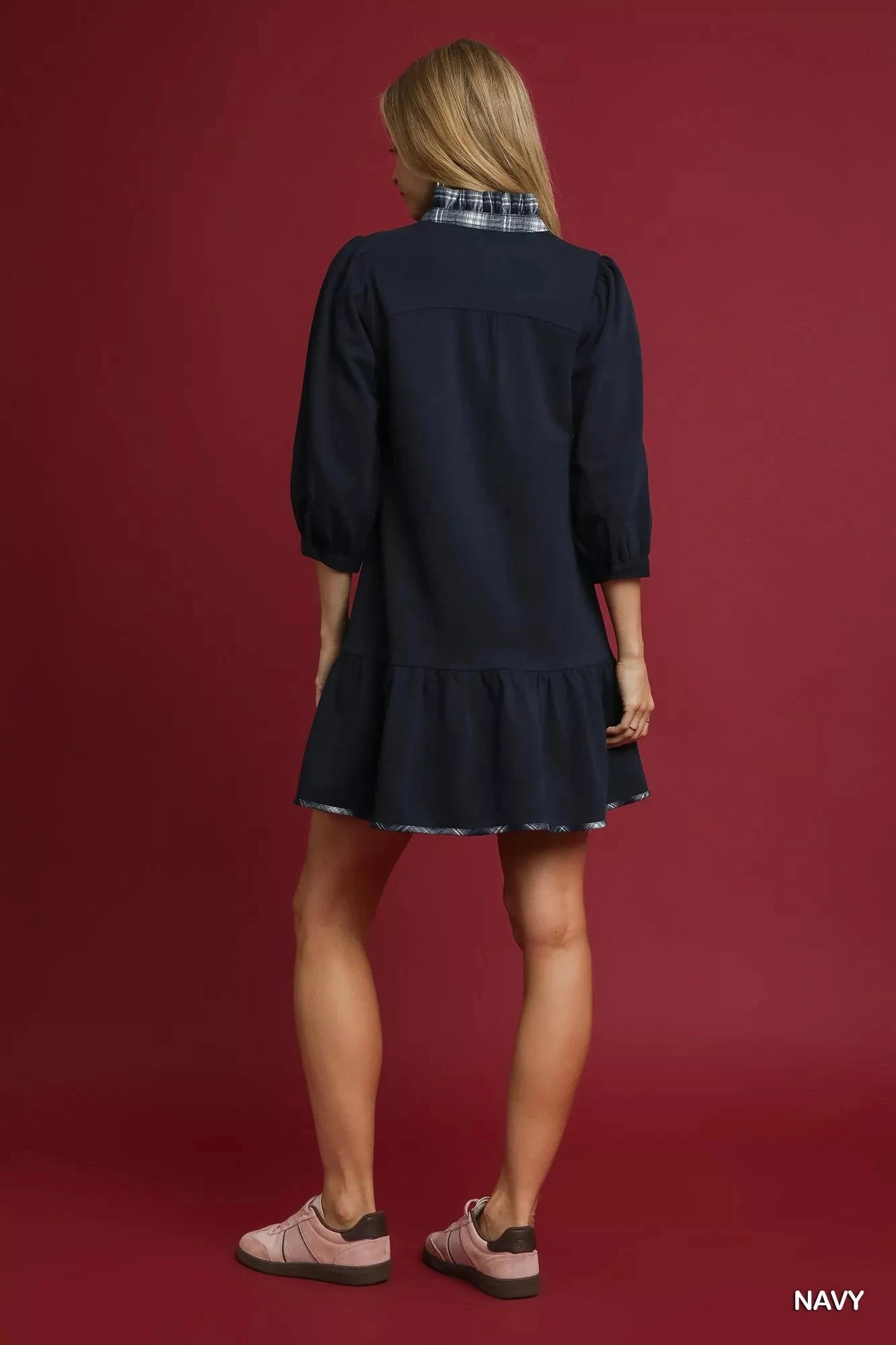 Umgee French Terry Ruffle Hem Dress with Plaid Trim Dresses jehouze 