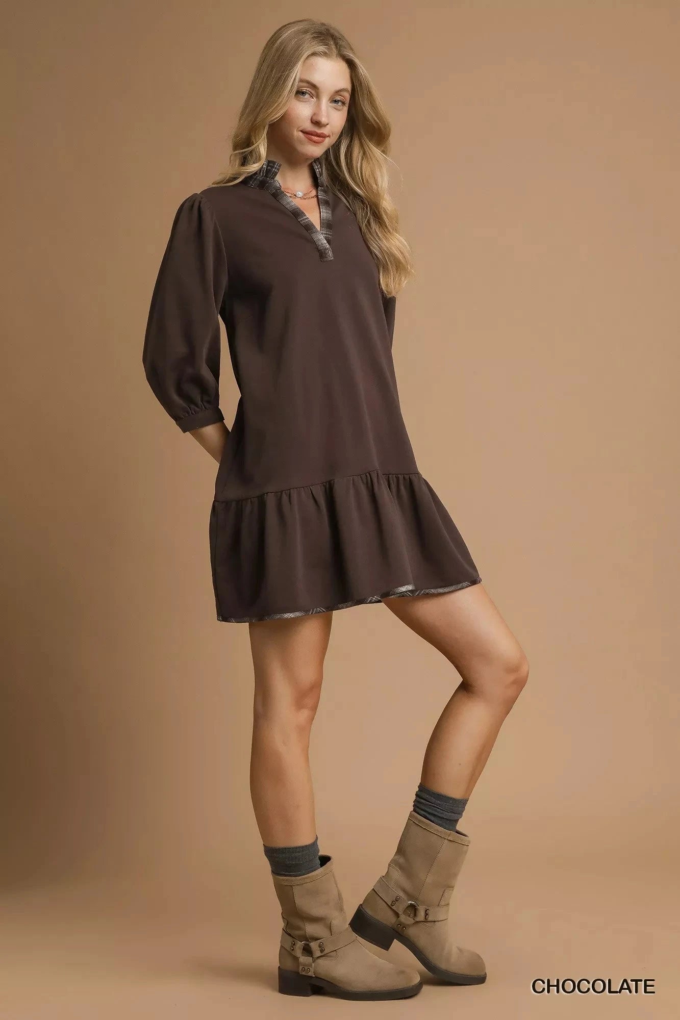 Umgee French Terry Ruffle Hem Dress with Plaid Trim Dresses jehouze 