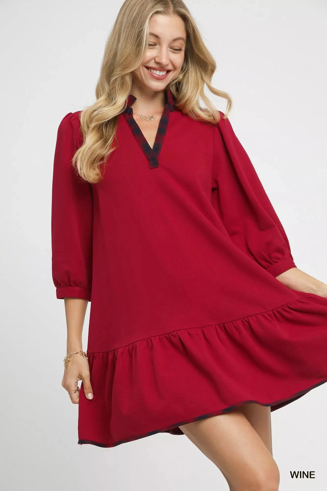 Umgee French Terry Ruffle Hem Dress with Plaid Trim Dresses jehouze 