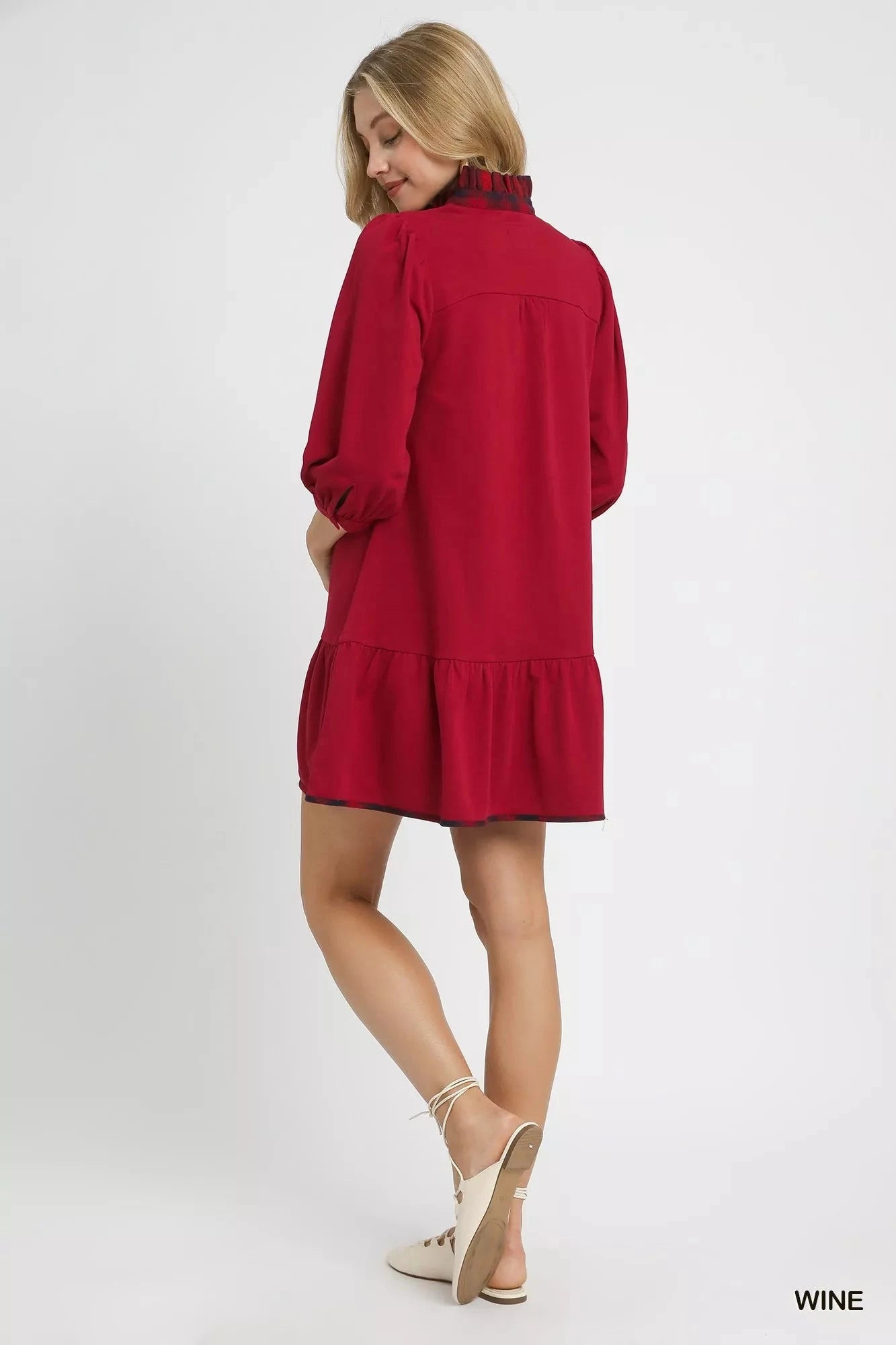 Umgee French Terry Ruffle Hem Dress with Plaid Trim Dresses jehouze 