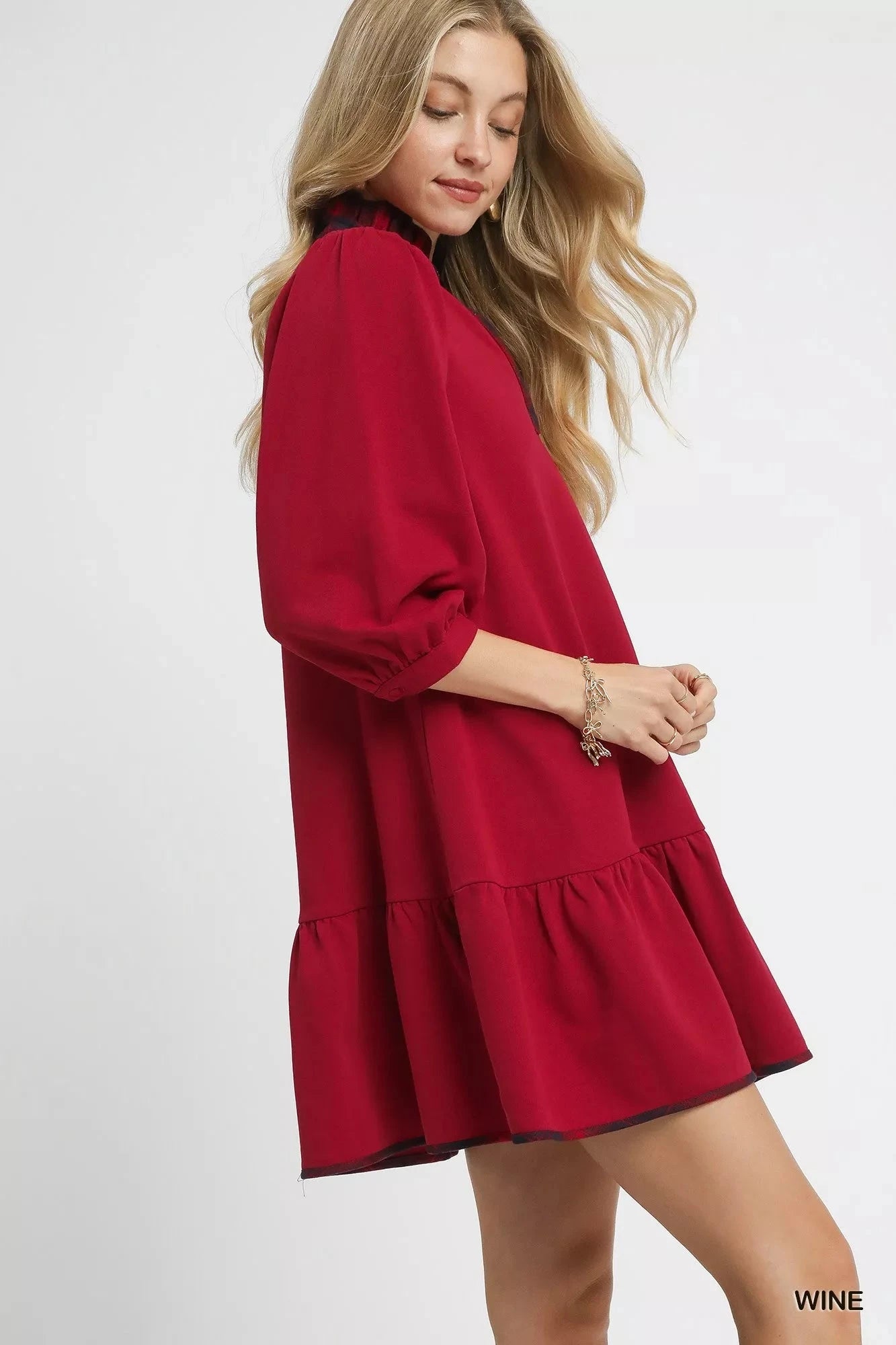 Umgee French Terry Ruffle Hem Dress with Plaid Trim Dresses jehouze 