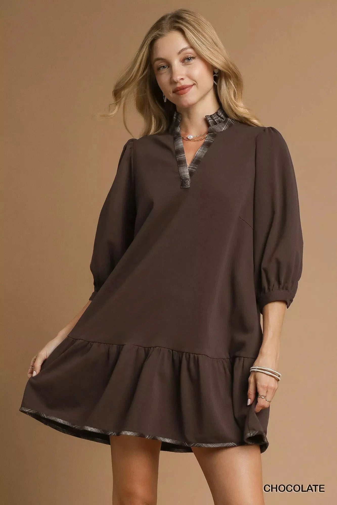 Umgee French Terry Ruffle Hem Dress with Plaid Trim Dresses jehouze Chocolate S 