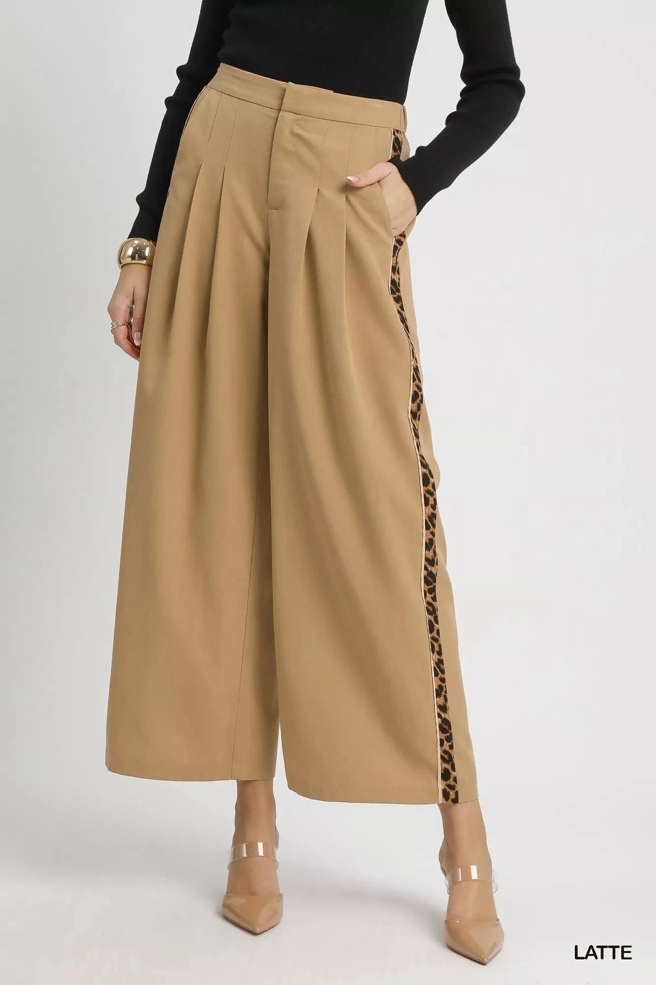Umgee Front Pleated Wide-Leg Pants with Contrast Trim pant jehouze 