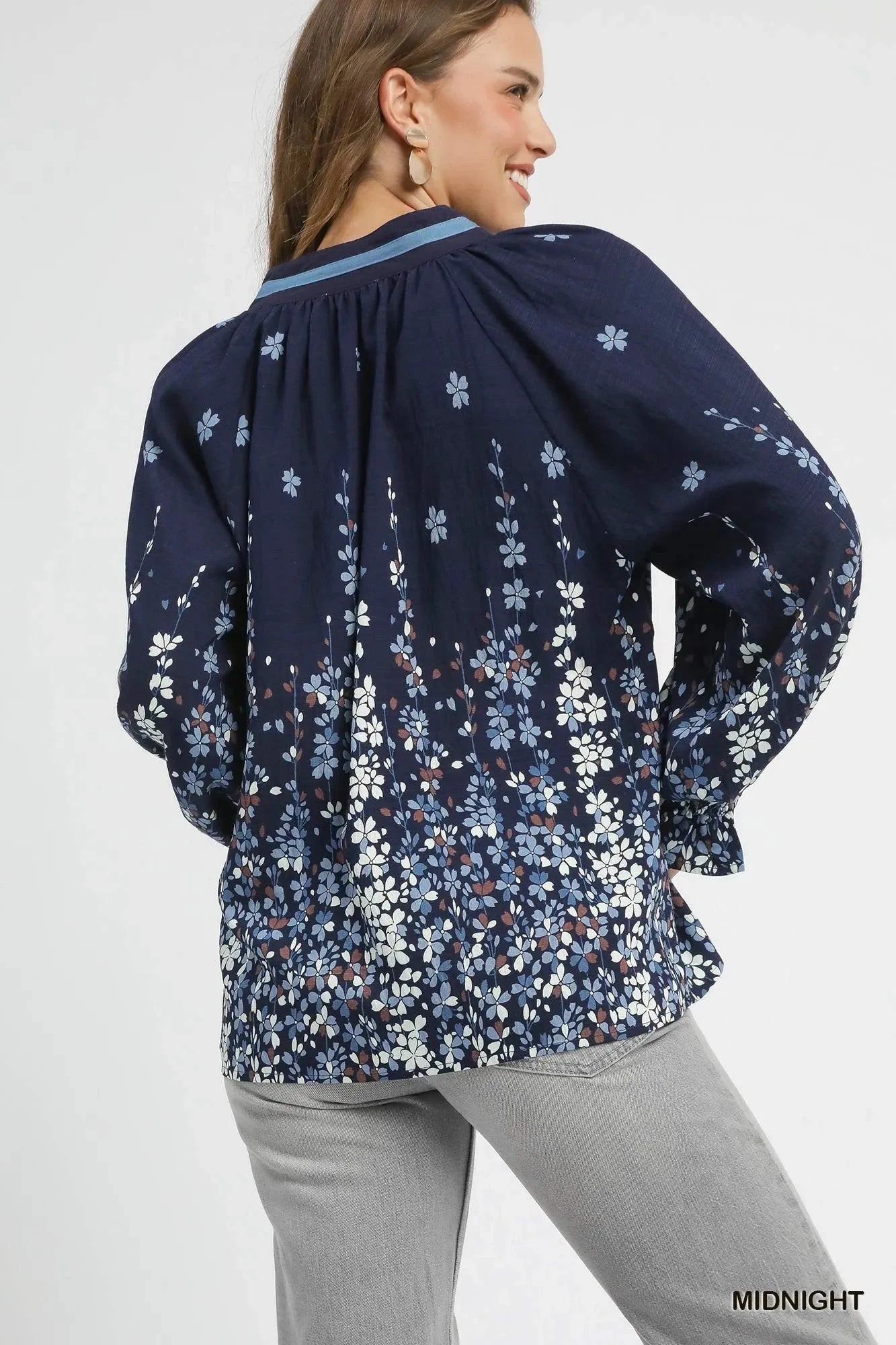 Umgee Full Size Floral Vine Print Blouse with Balloon Sleeves Plus Size jehouze 