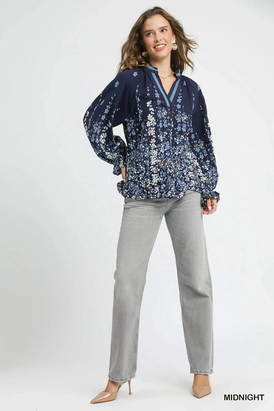 Umgee Full Size Floral Vine Print Blouse with Balloon Sleeves Plus Size jehouze 
