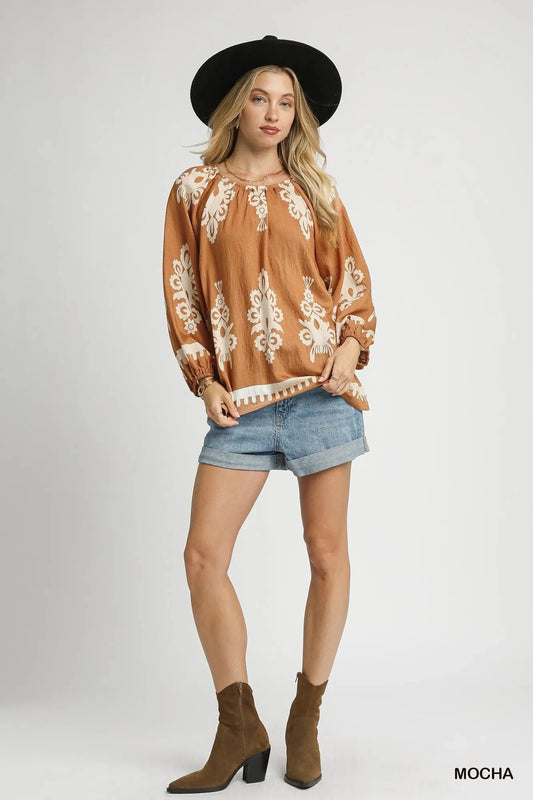 Umgee Full Size Two Tone Border Print Top with Balloon Sleeves Plus Size jehouze 