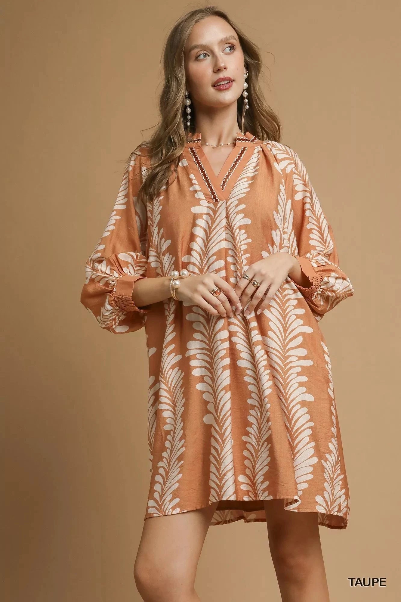Umgee Leaf Print Notched Mini Babydoll Dress Dresses jehouze 