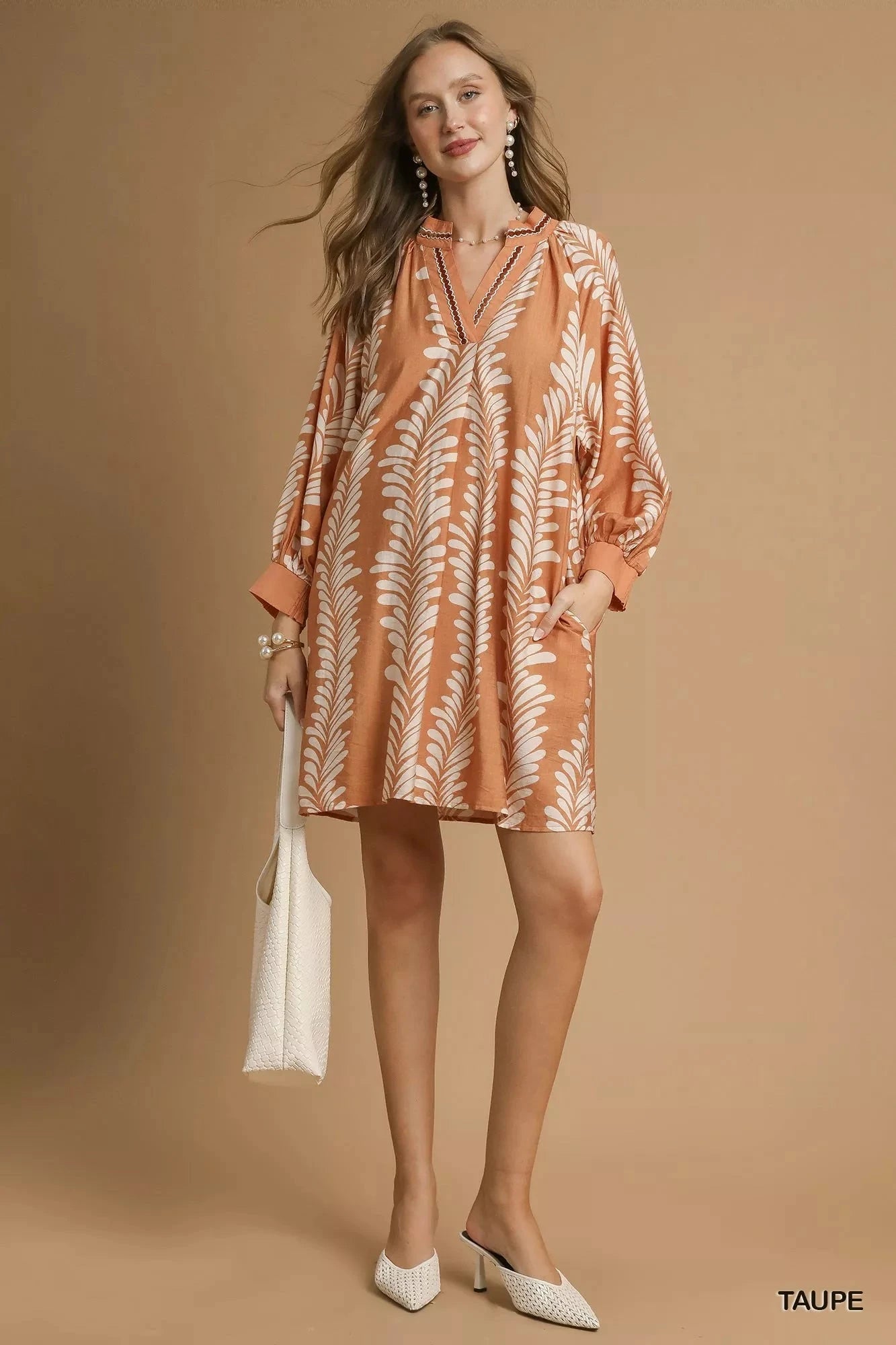 Umgee Leaf Print Notched Mini Babydoll Dress Dresses jehouze TAUPE S 