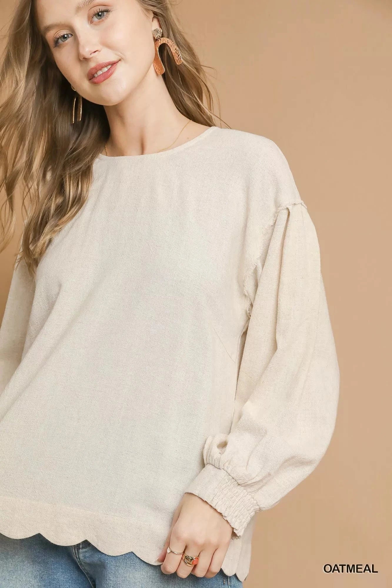 Umgee Linen Scallop Hem Long Sleeve Blouse jehouze 