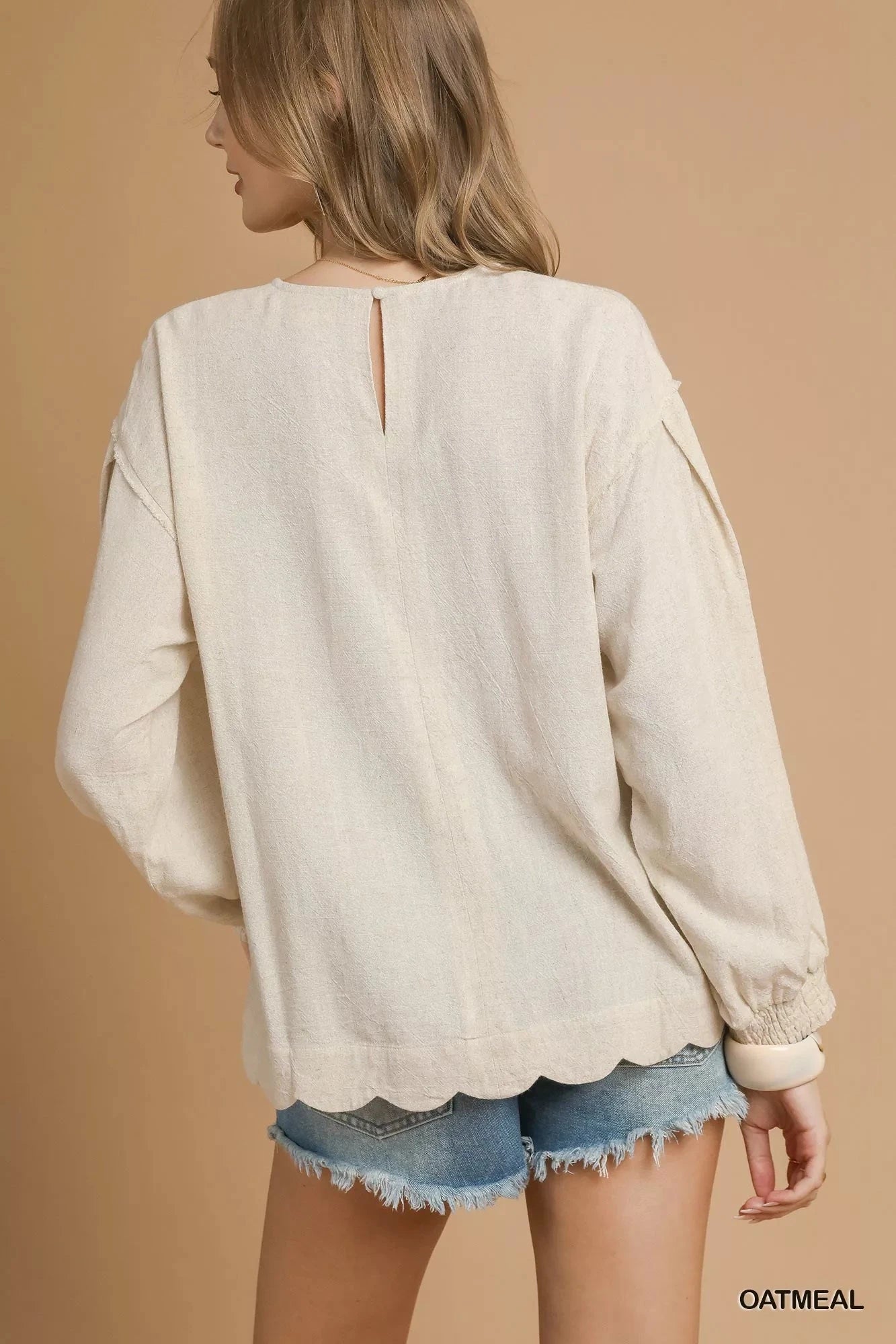 Umgee Linen Scallop Hem Long Sleeve Blouse jehouze 