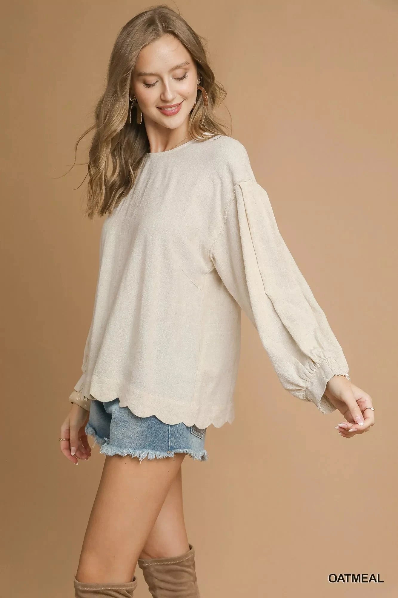 Umgee Linen Scallop Hem Long Sleeve Blouse jehouze 