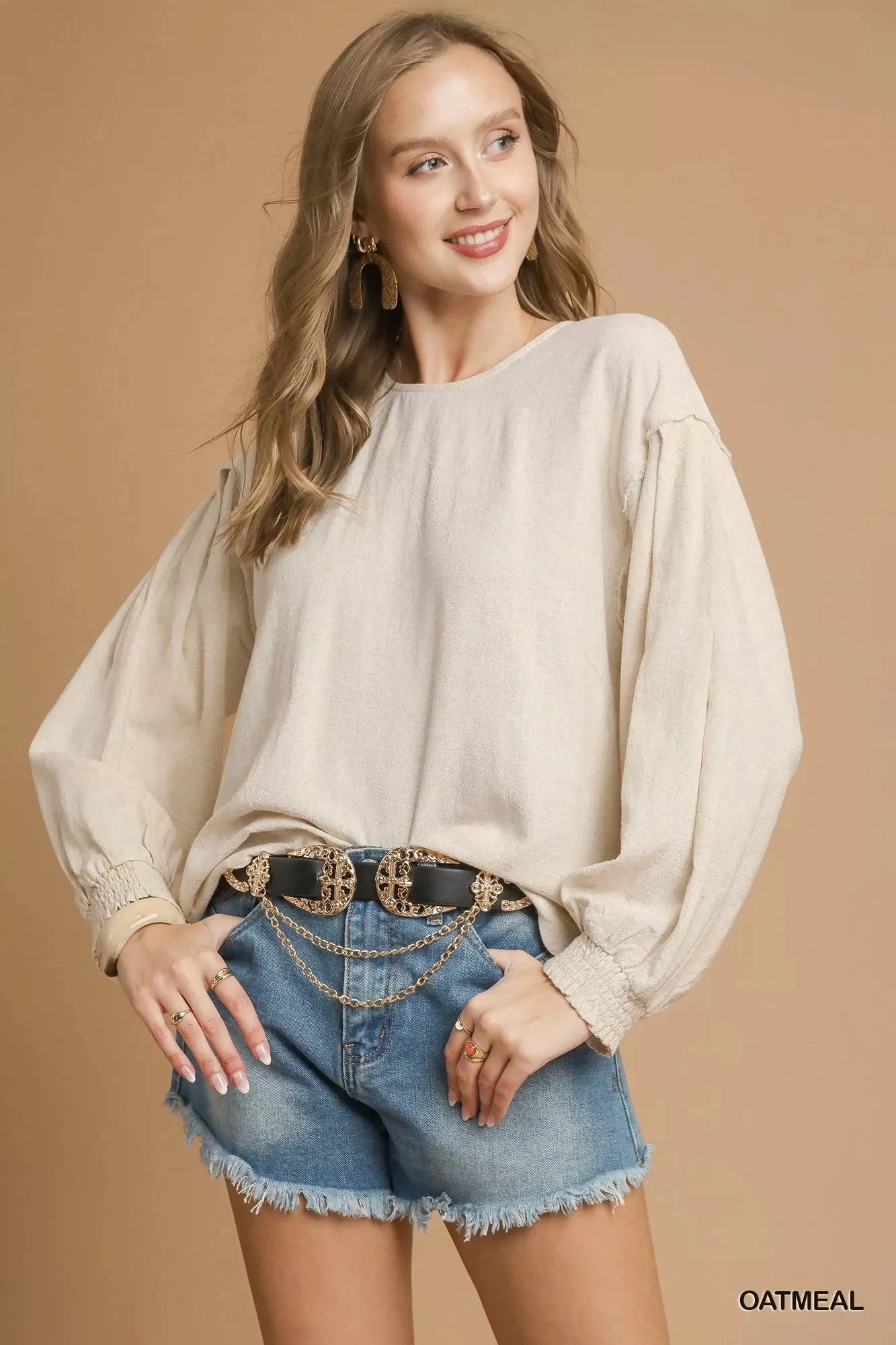 Umgee Linen Scallop Hem Long Sleeve Blouse jehouze OATMEAL S 