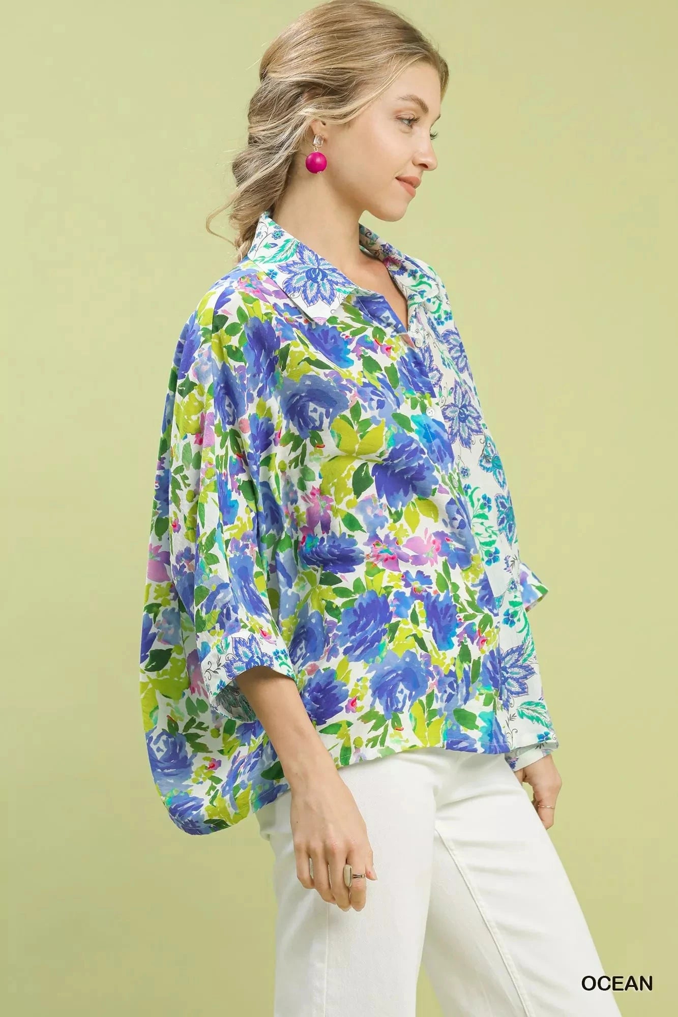 Umgee Mixed Floral Oversized Button Down Shirt Shirts & Tops jehouze 
