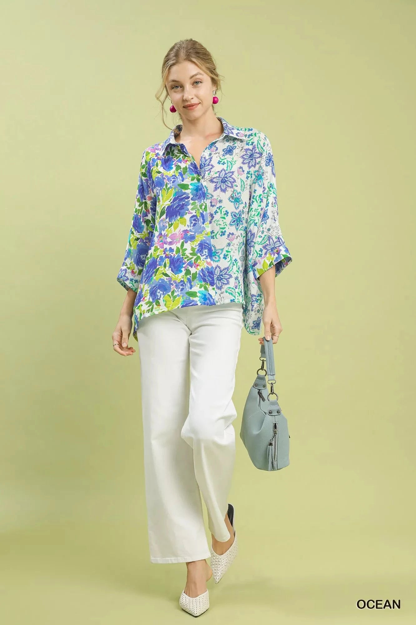 Umgee Mixed Floral Oversized Button Down Shirt Shirts & Tops jehouze OCEAN MIX S 