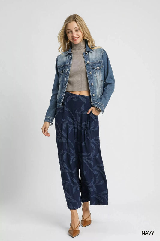 Umgee navy Blue Jacquard Wide-Leg Pants Pants jehouze 