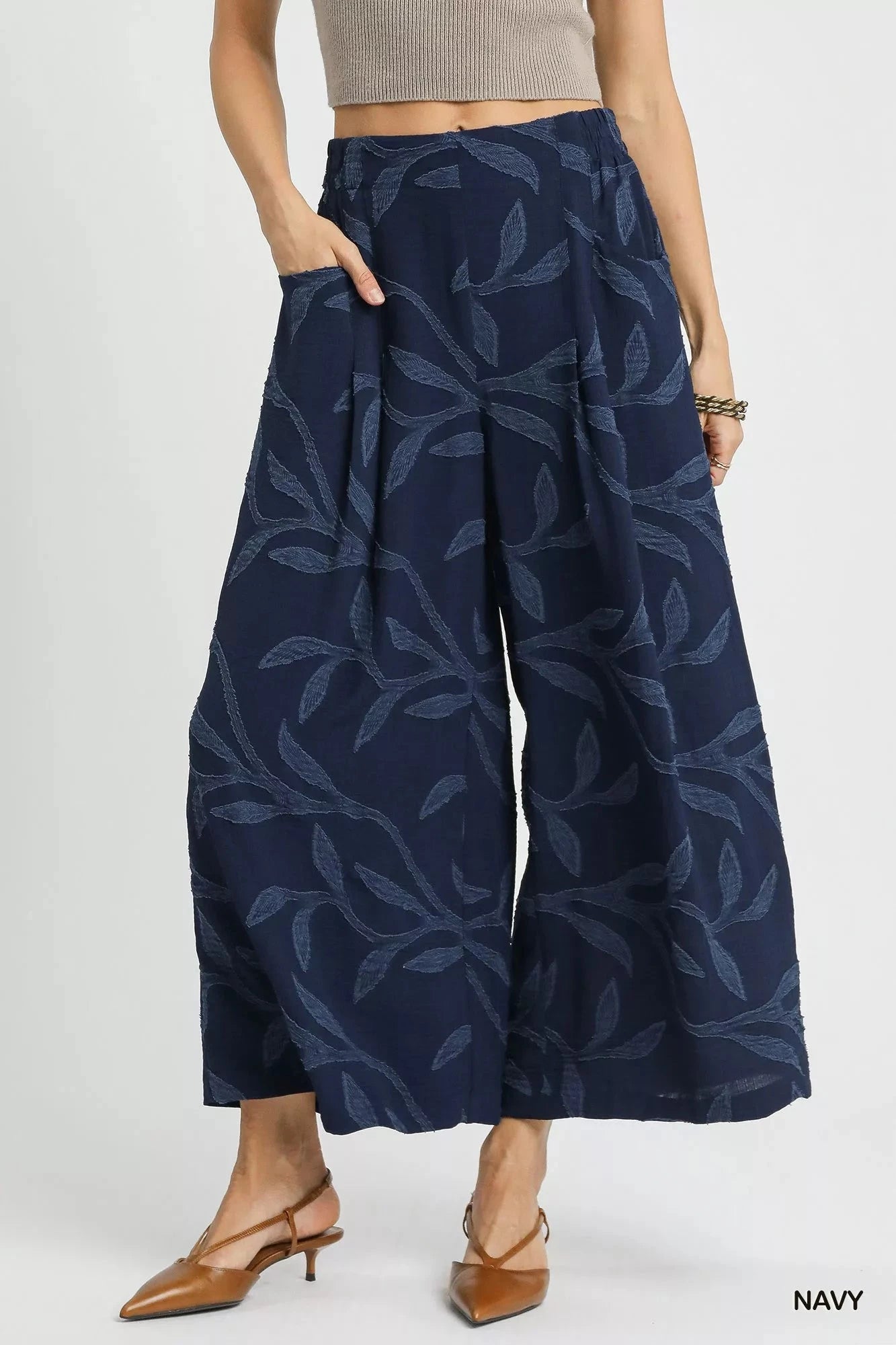 Umgee navy Blue Jacquard Wide-Leg Pants Pants jehouze Navy S 