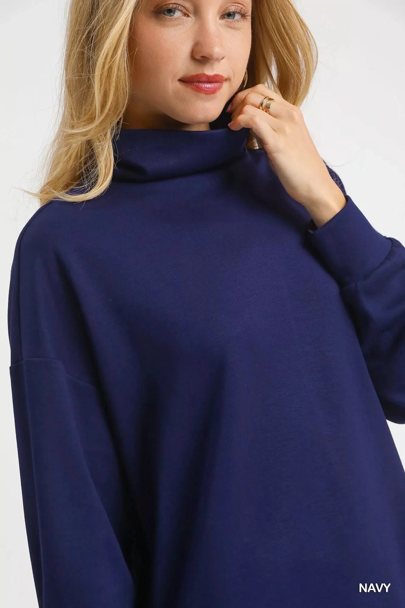 Umgee Navy Blue Turtle Neck Dolman Sleeve Side Slit Sweater with Contrast Detail Shirts & Tops jehouze 