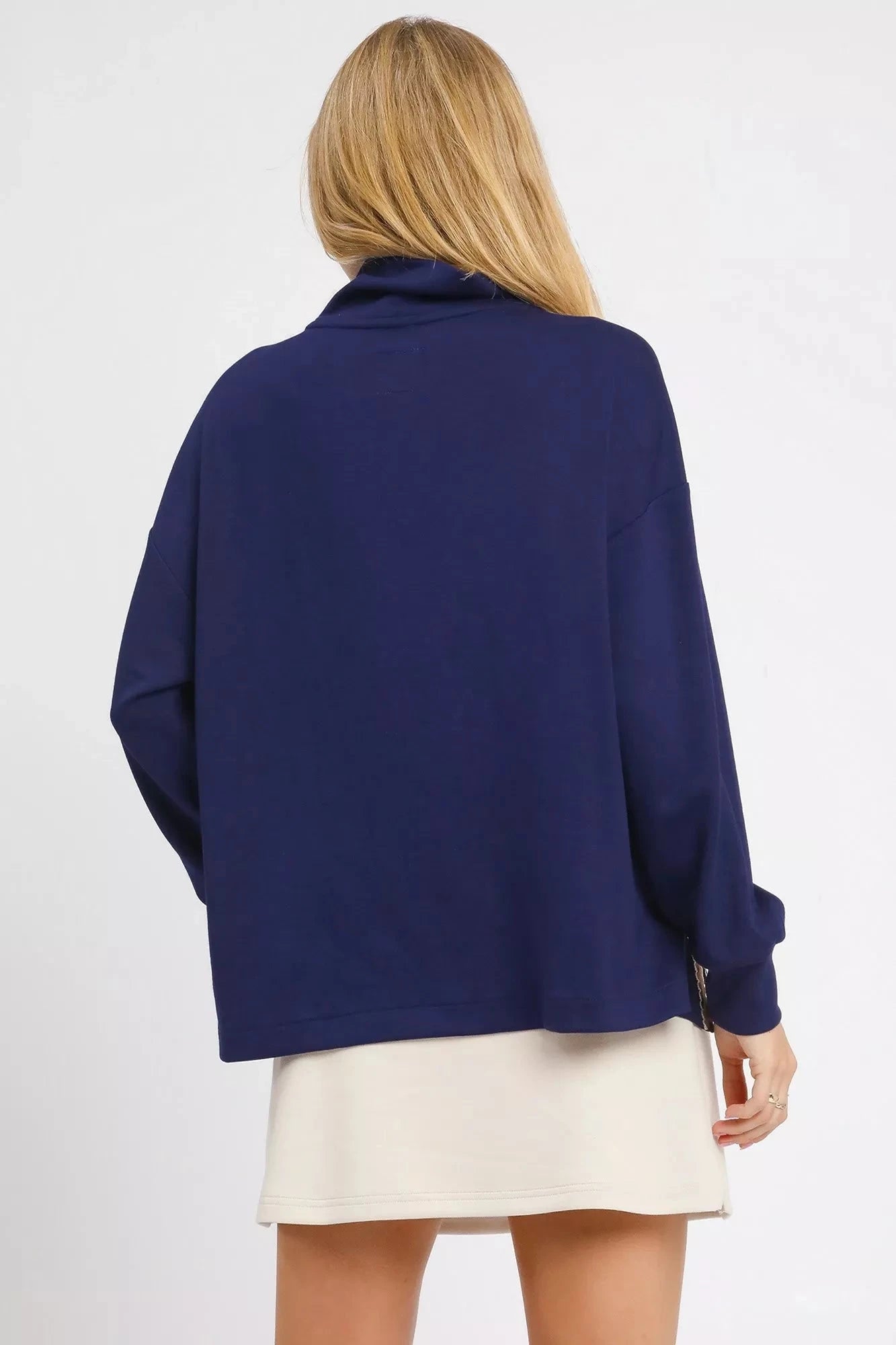 Umgee Navy Blue Turtle Neck Dolman Sleeve Side Slit Sweater with Contrast Detail Shirts & Tops jehouze 