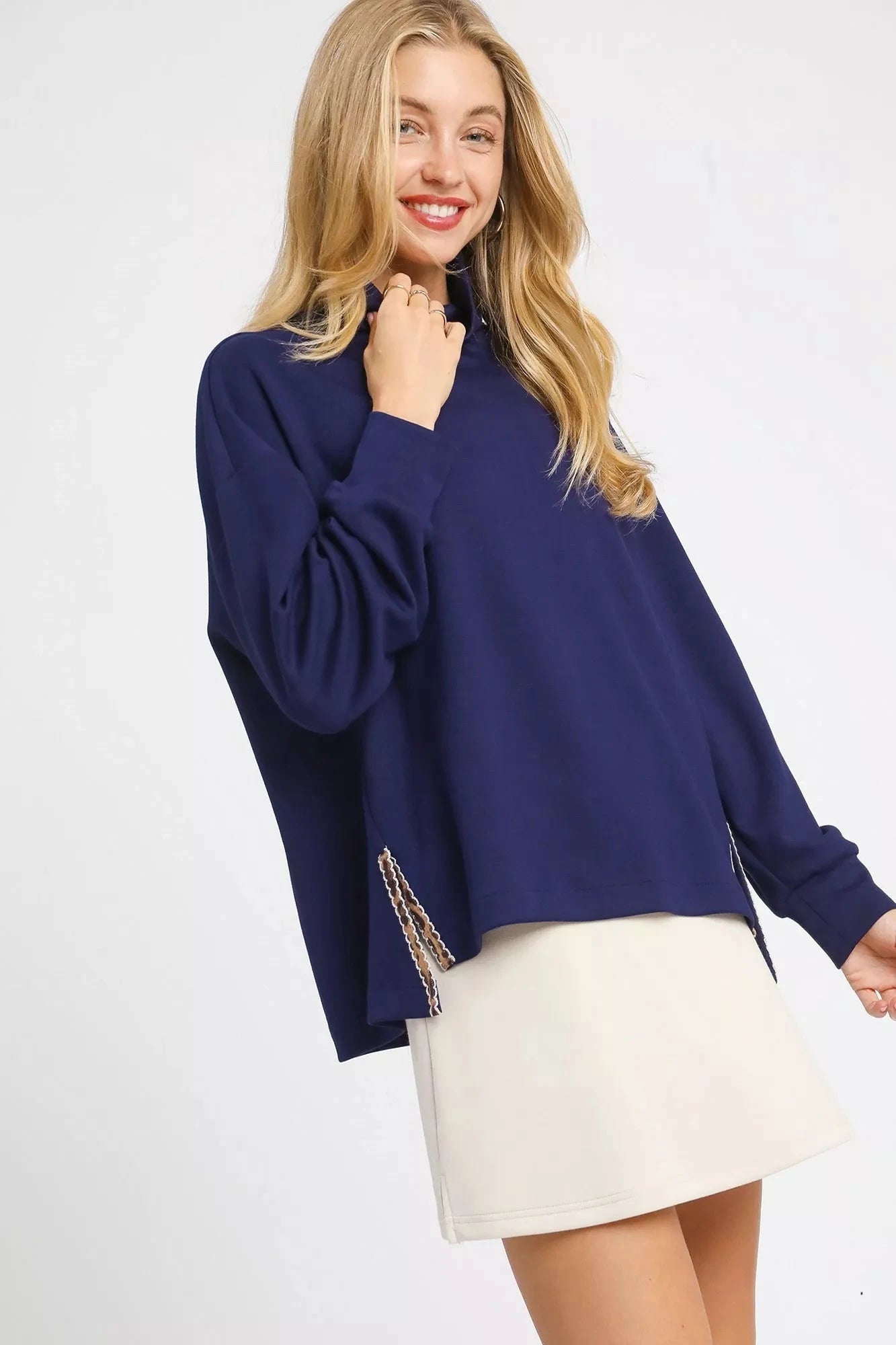 Umgee Navy Blue Turtle Neck Dolman Sleeve Side Slit Sweater with Contrast Detail Shirts & Tops jehouze 