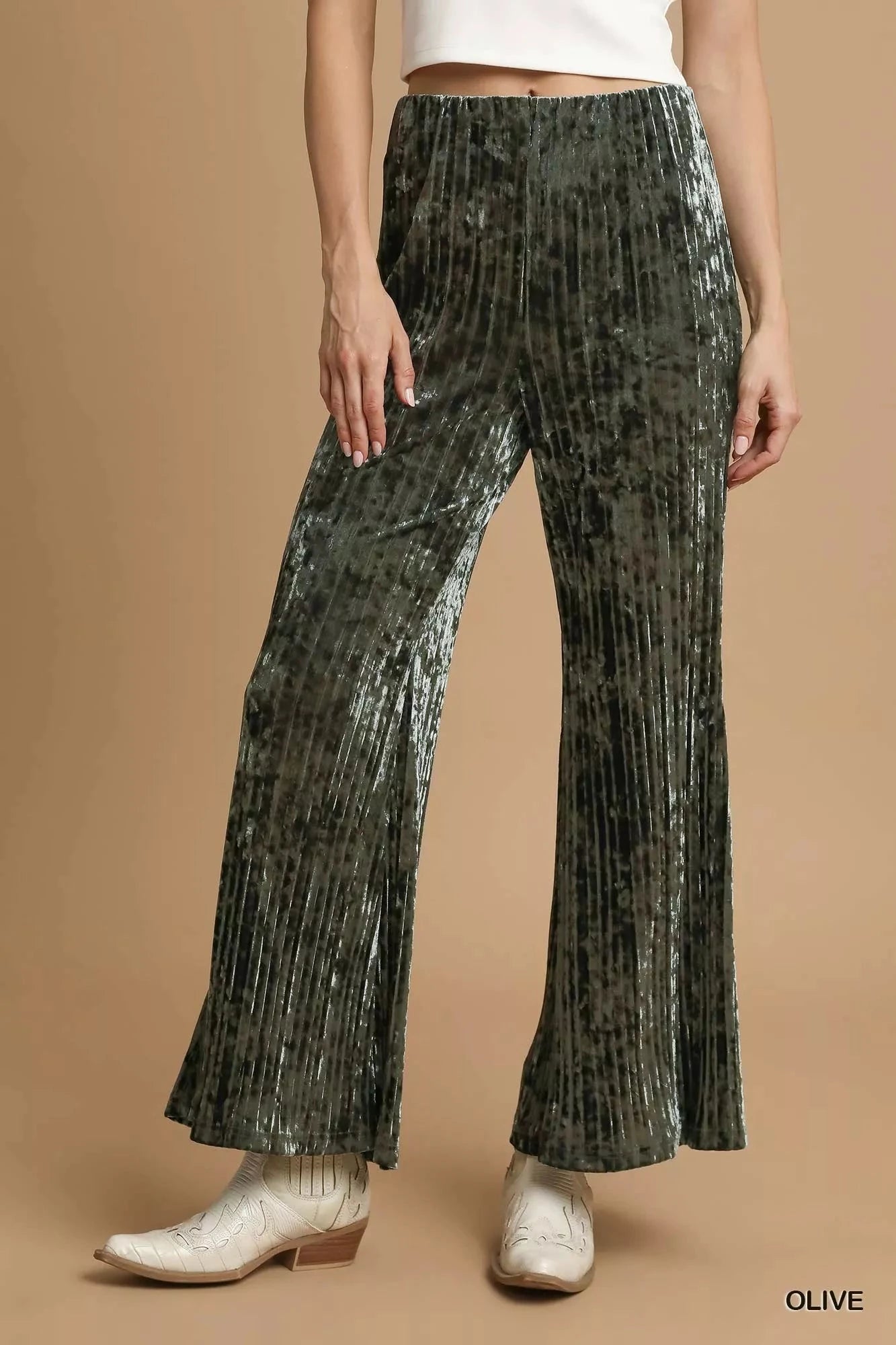 Umgee Olive Green Velvet Pleated Wide Leg Pants Pants jehouze 