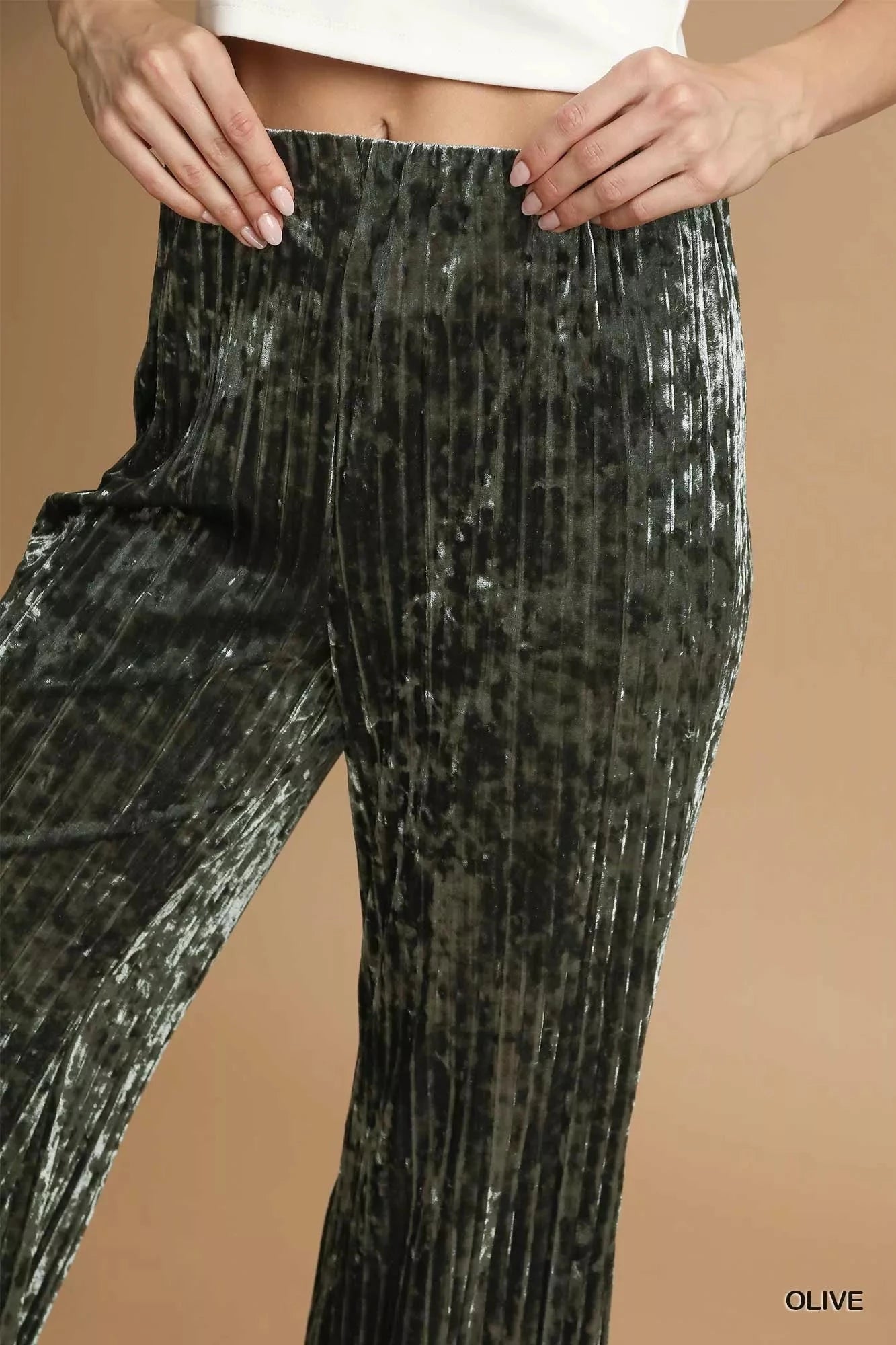 Umgee Olive Green Velvet Pleated Wide Leg Pants Pants jehouze 