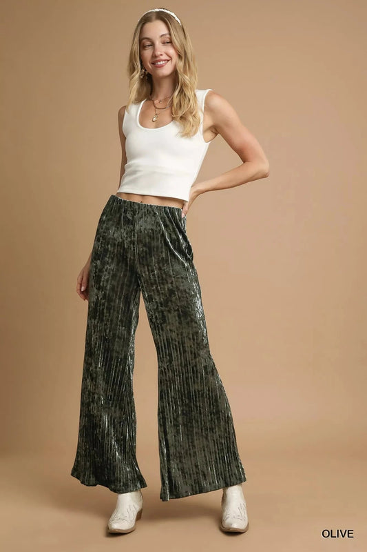 Umgee Olive Green Velvet Pleated Wide Leg Pants Pants jehouze Olive S 