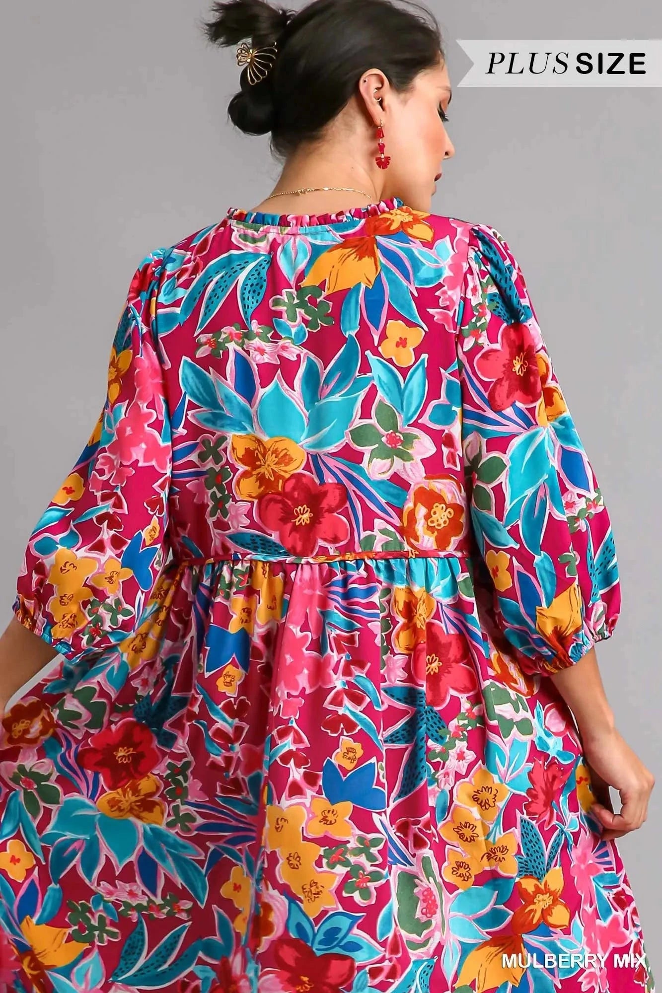 Umgee Plus Size Floral Print Tie Neck Midi Dress with Pockets Dresses jehouze 