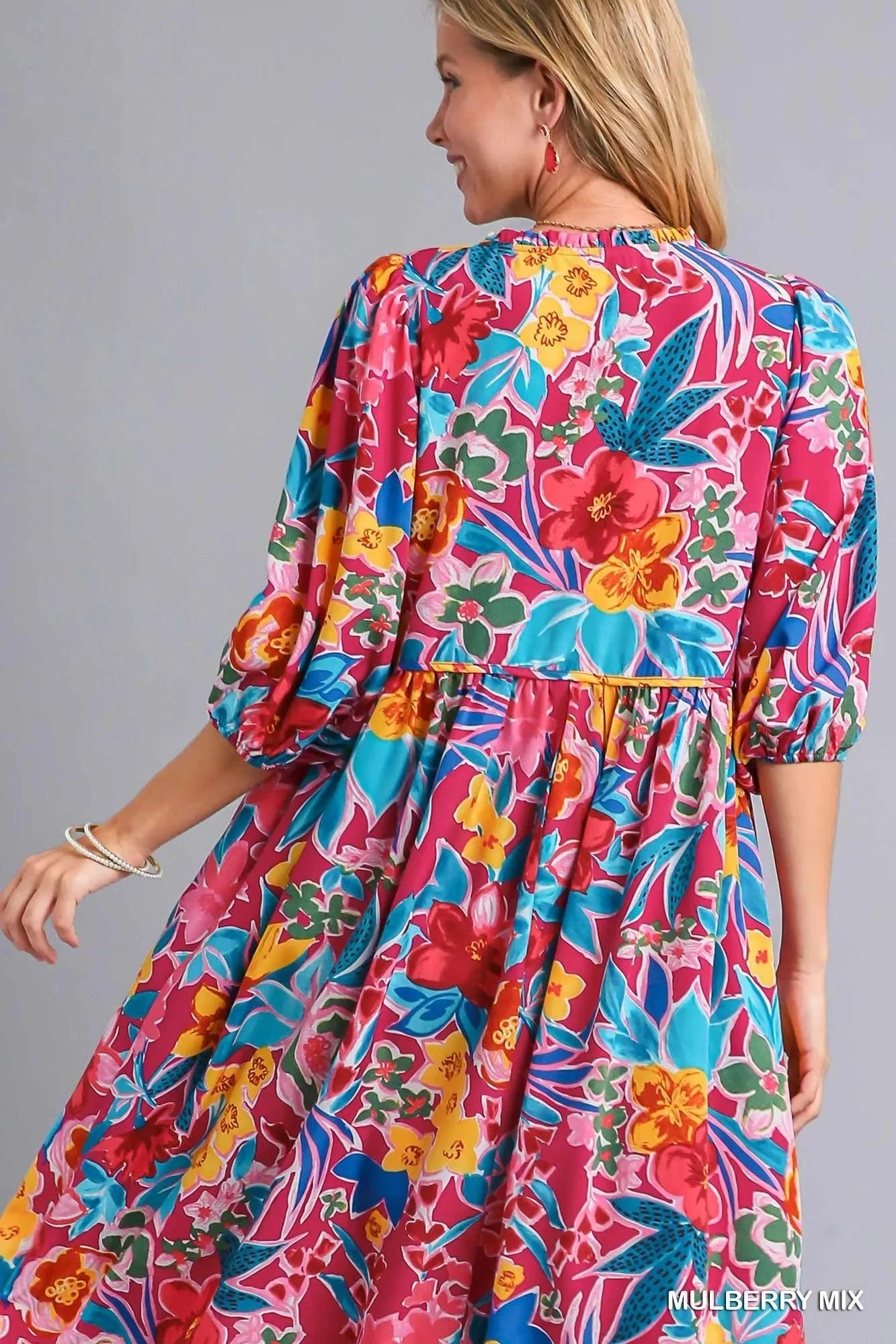 Umgee Plus Size Floral Print Tie Neck Midi Dress with Pockets Dresses jehouze 