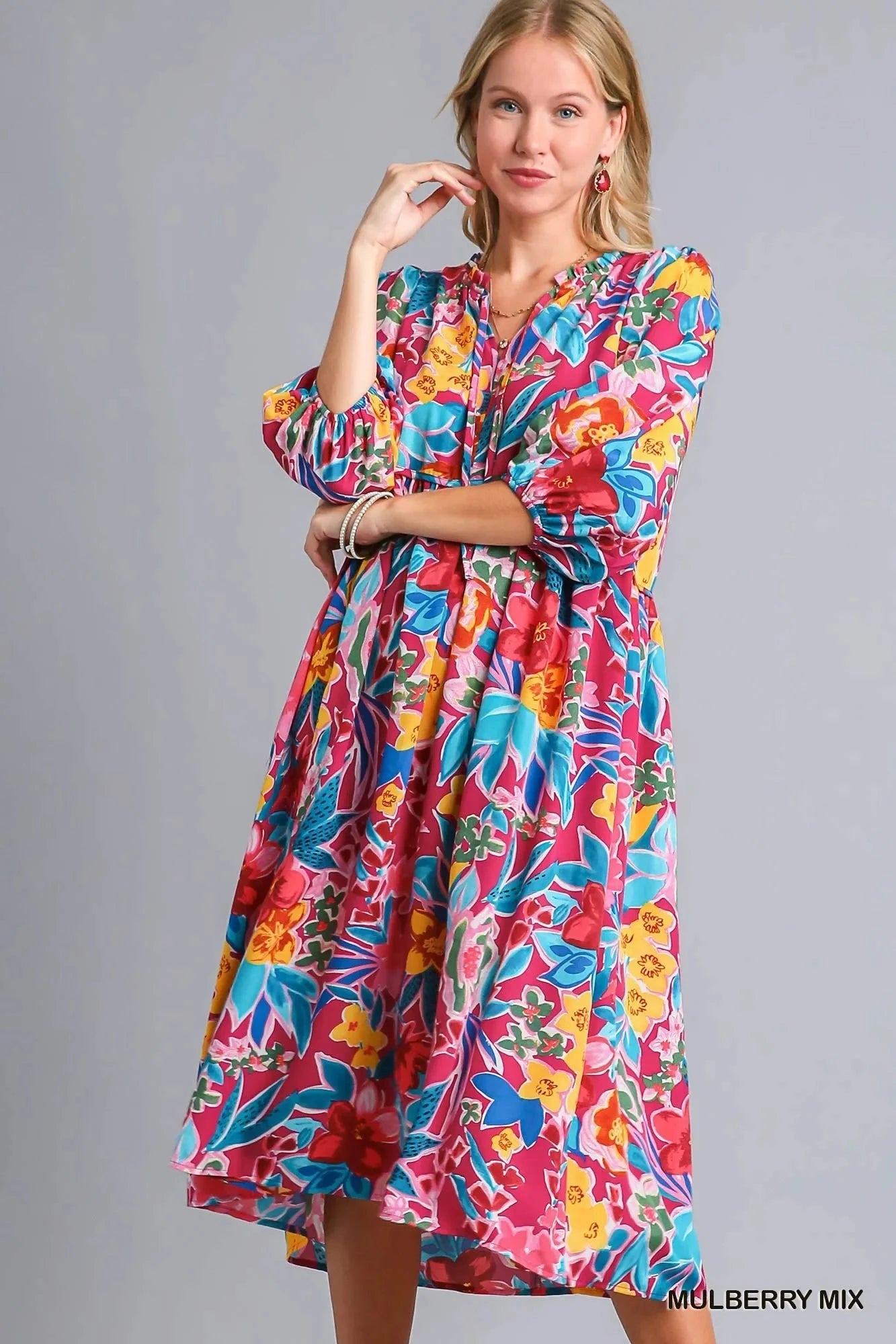 Umgee Plus Size Floral Print Tie Neck Midi Dress with Pockets Dresses jehouze 