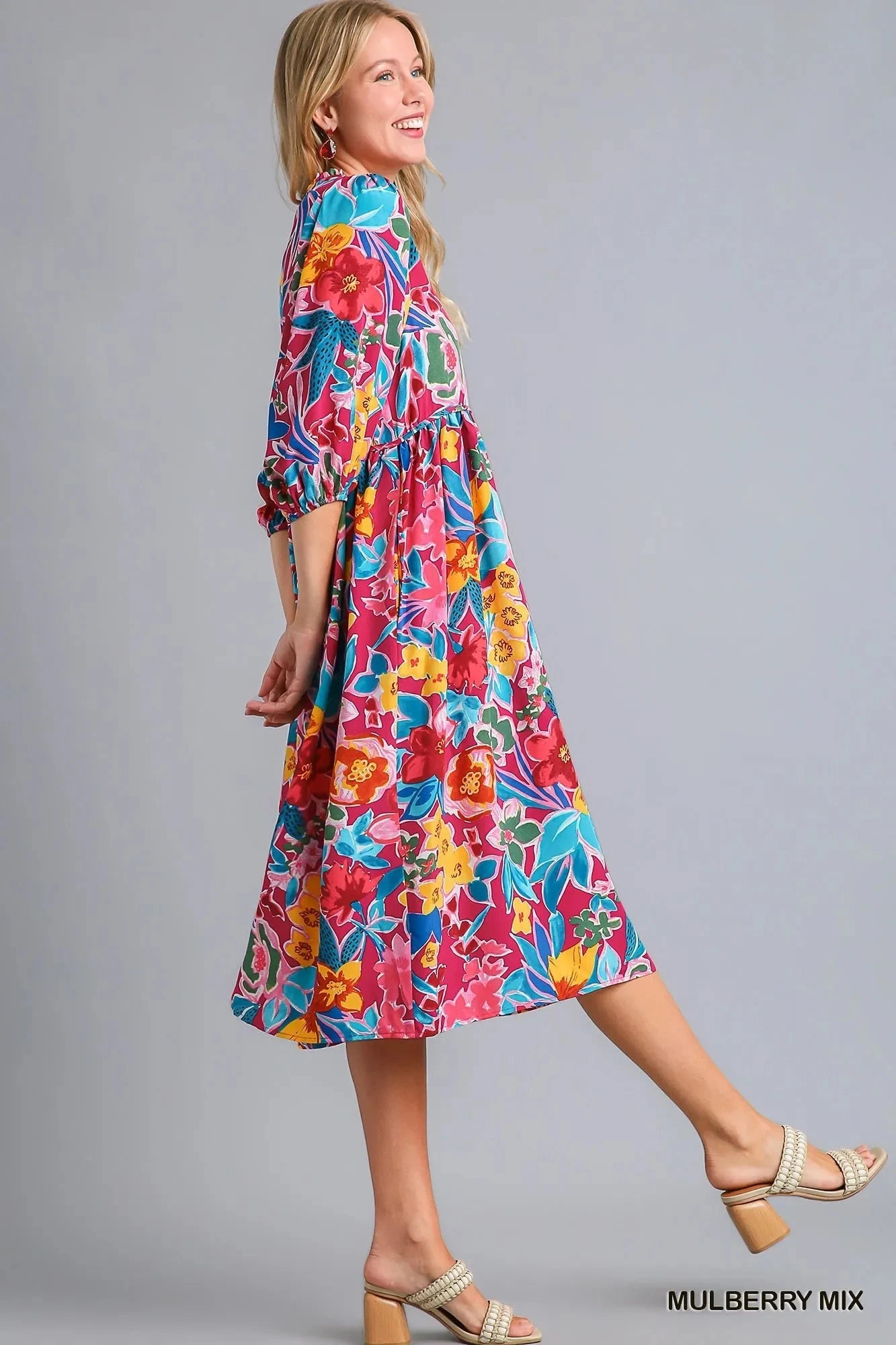 Umgee Plus Size Floral Print Tie Neck Midi Dress with Pockets Dresses jehouze 