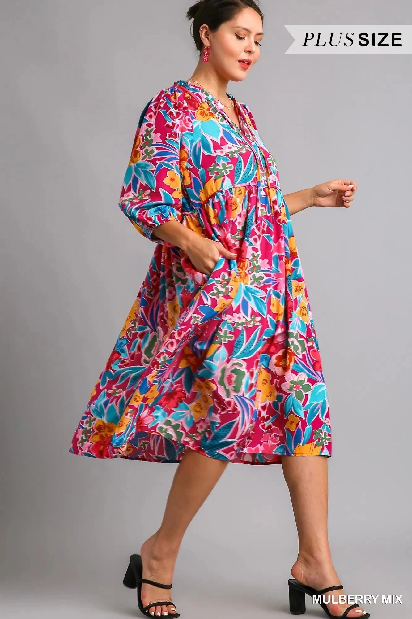 Umgee Plus Size Floral Print Tie Neck Midi Dress with Pockets Dresses jehouze 