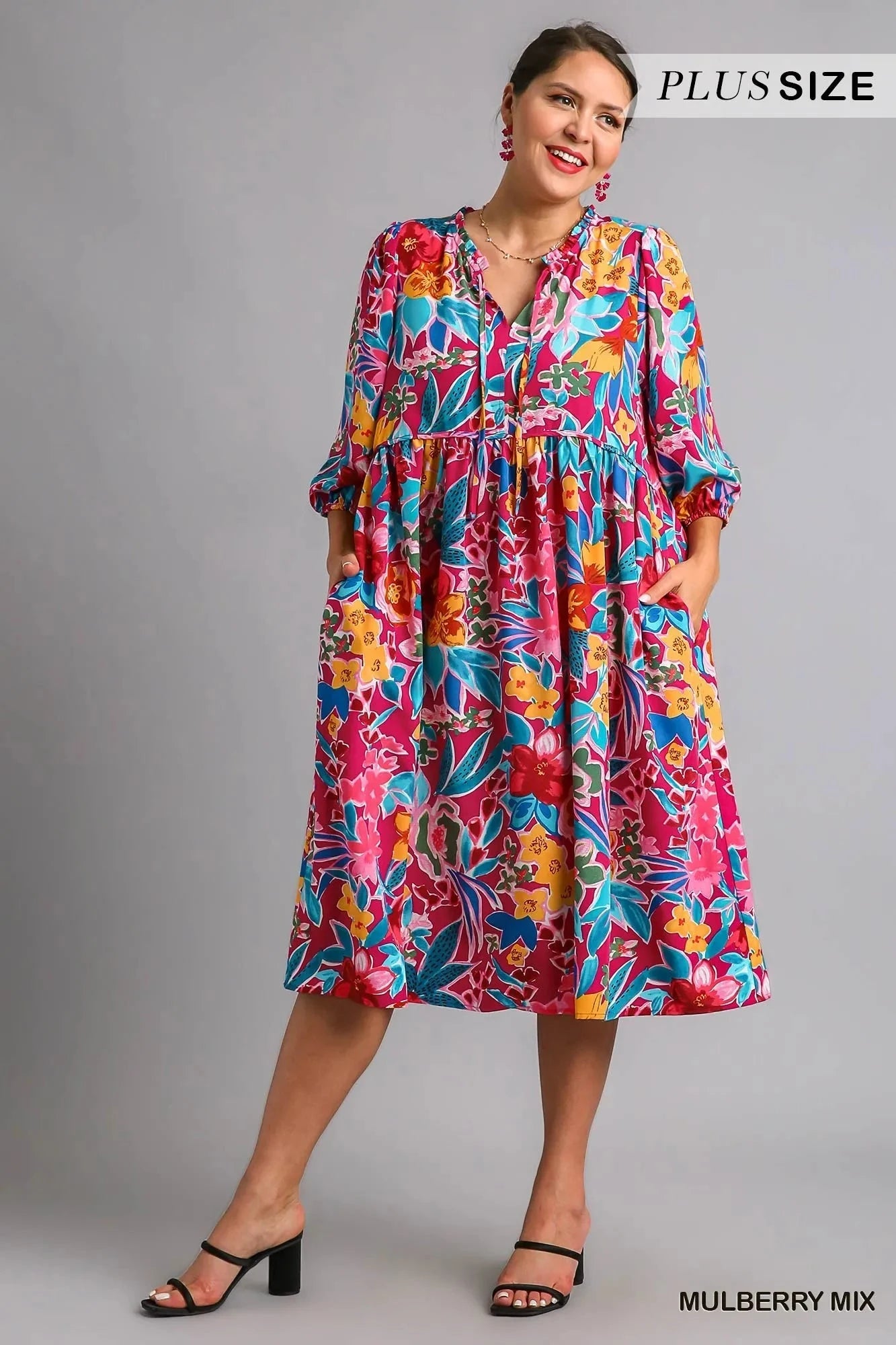Umgee Plus Size Floral Print Tie Neck Midi Dress with Pockets Dresses jehouze 